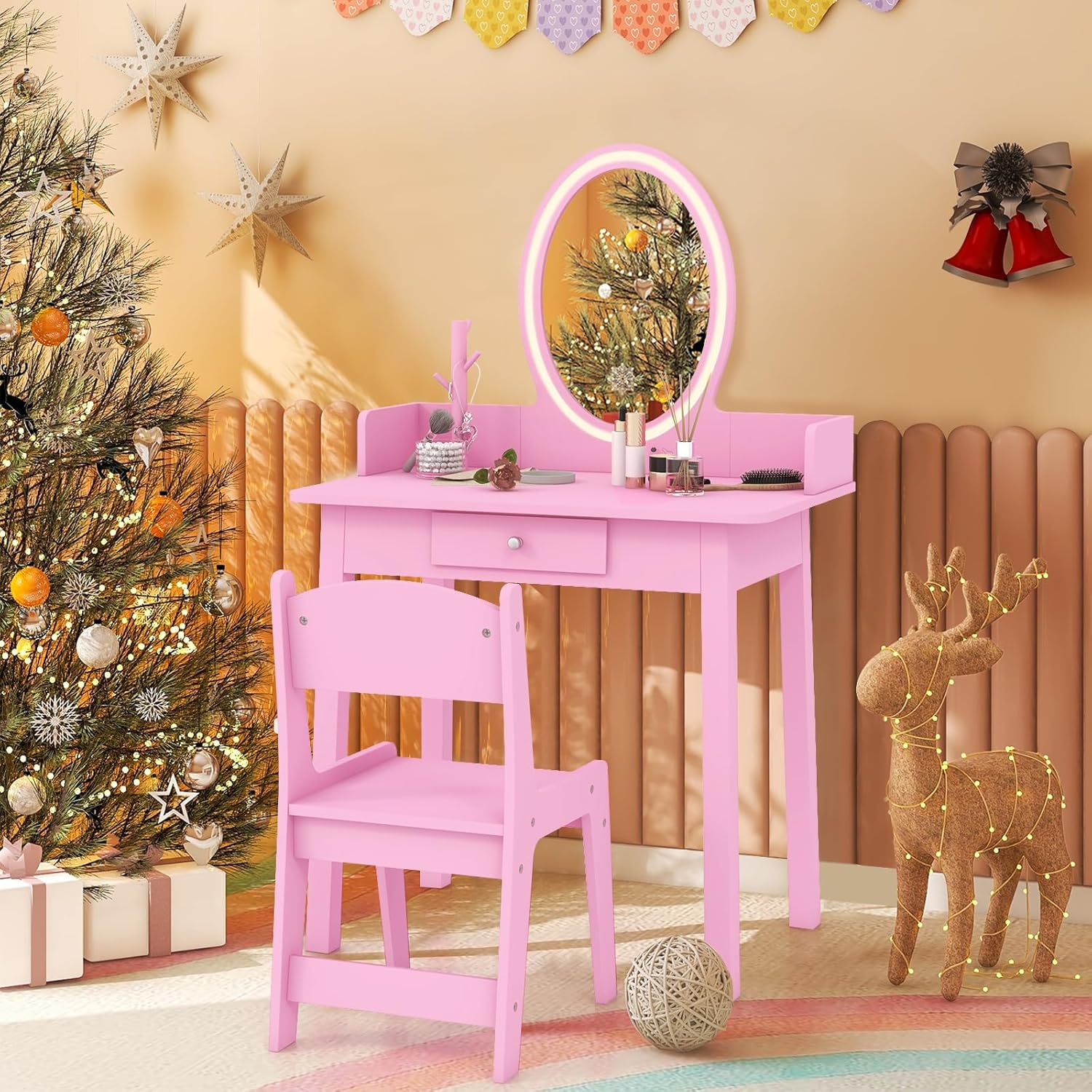 HONEY JOY Kids Vanity Set with Lighted Mirror, 2 in 1 Princess Toddler Dressing Table w/Drawer, Jewelry Tree Organizer, Wooden Makeup Table & Chair Set, Pretend Play Vanity Set for Little Girls, Pink