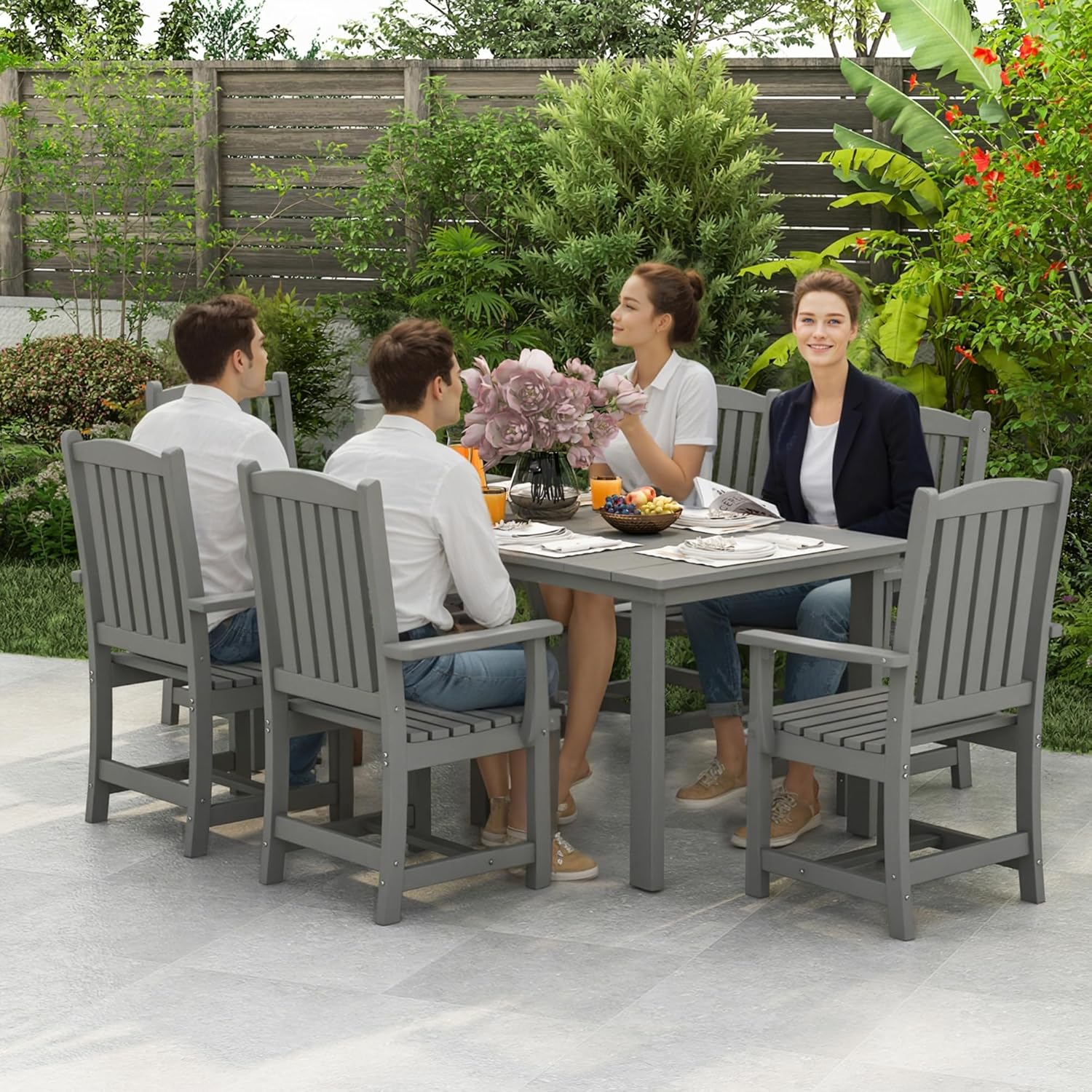 ROCSUMOO Outdoor HDPE Dining Chair Set of 4, Patio Chairs Set with Armrest, All-Weather Durable Outdoor Furniture for Backyard, Garden, Lawn & Poolside, Grey (4 Chairs)
