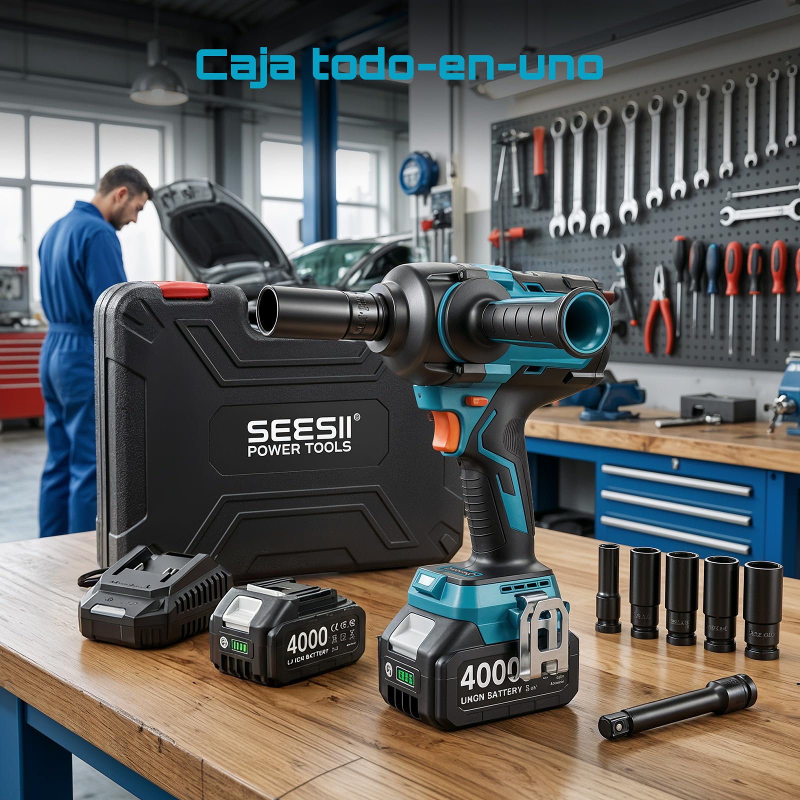 Seesii Llave de Impacto Inalámbrica 1/2" 1200N·m (885Ft-lbs), 21V de Alto Par pistola de impacto con Mango Desmontable, 2× Baterías 4,0Ah Para Coche, Camioneta y Cortacésped