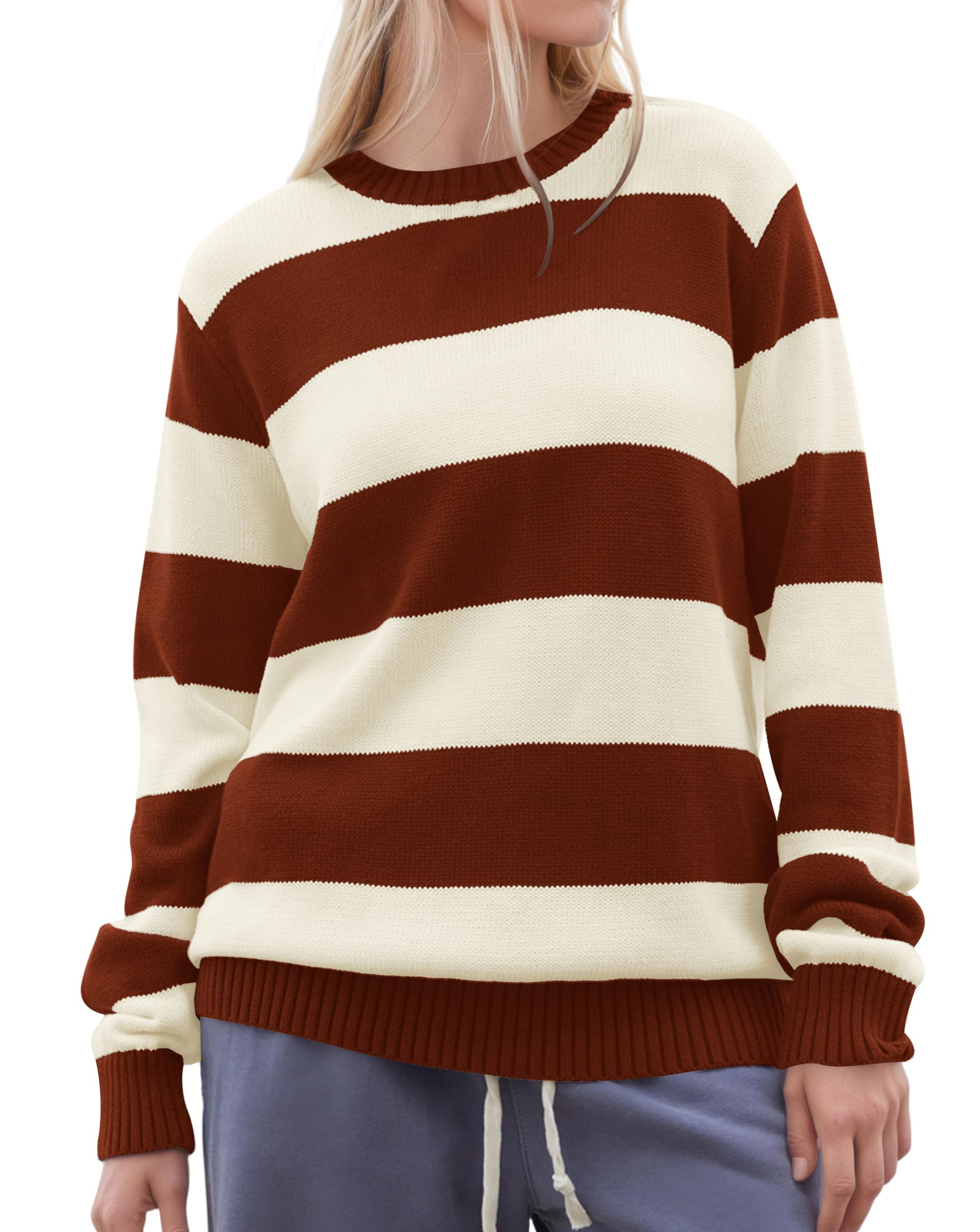 Color Block Striped Sweater for Women Crew Neck Long Sleeve Loose Fit Knit Pullover Sweater Jumper Tops 2026