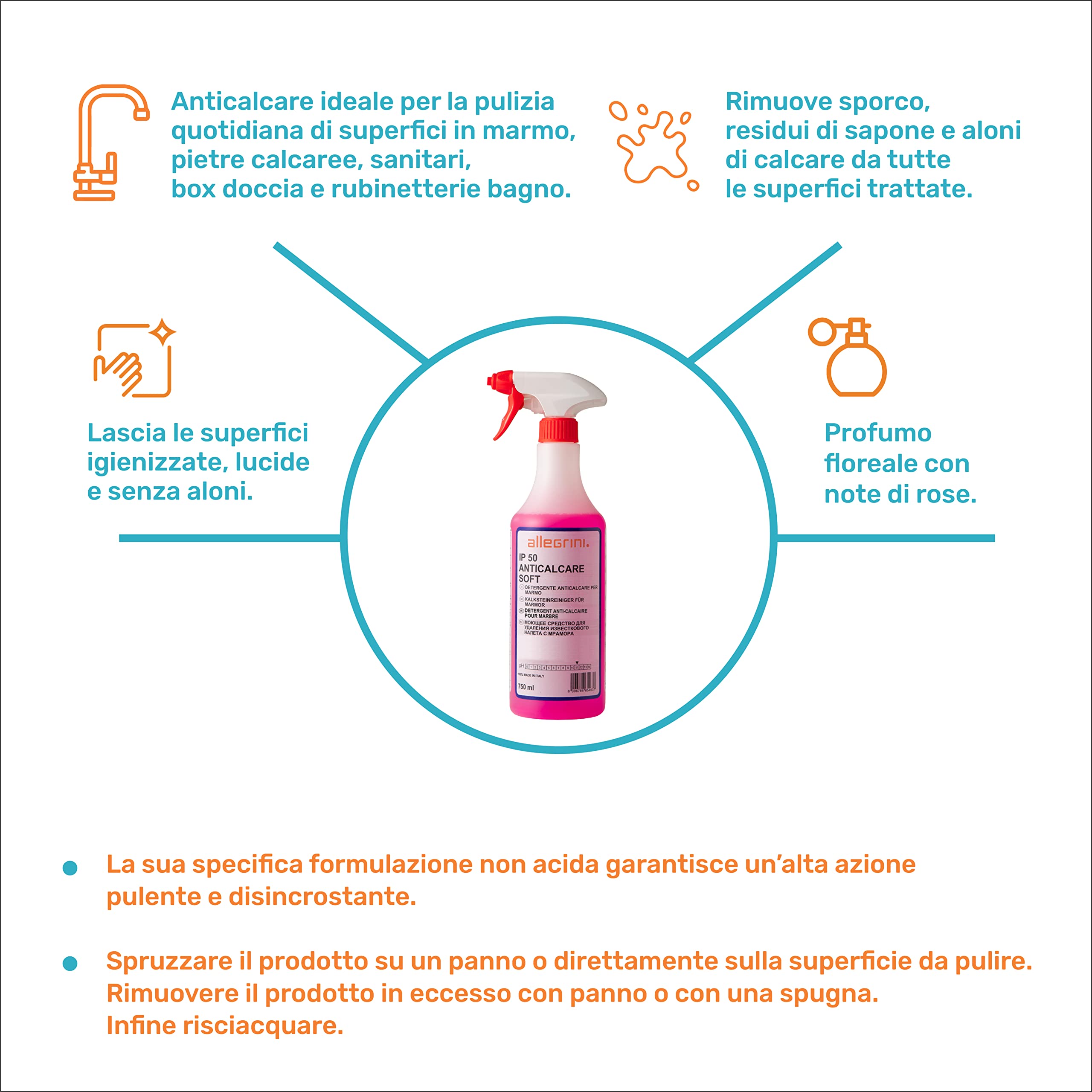 Allegrini IP 50 Anticalcare Soft Detersivo Bagno Liquido Profumato Detergente Spray Sciogli Calcare per Pulizia Casa Marmo Sanitari Doccia e Rubinetteria 12 flaconi da 750 ml