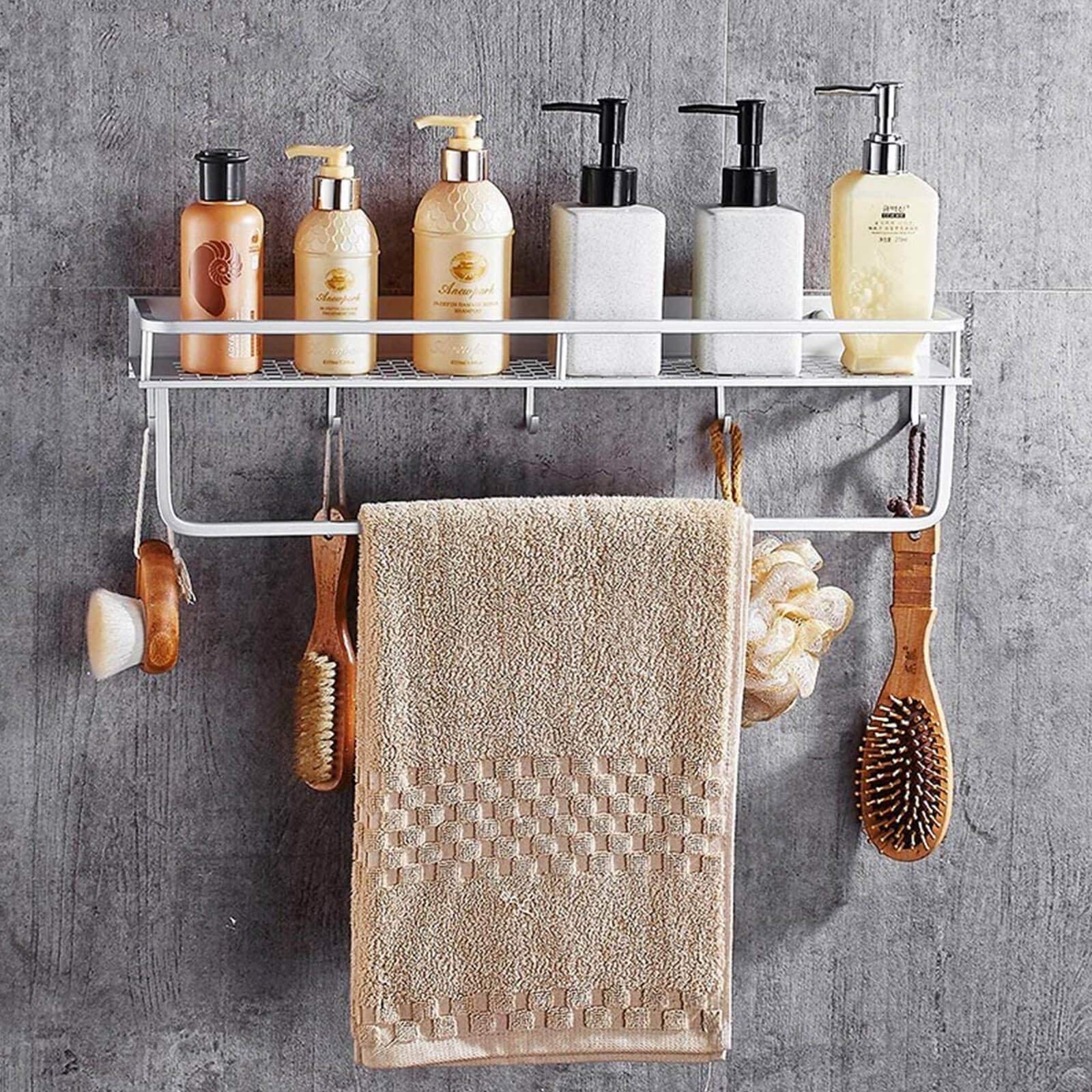 Estante de baño Estante de Ducha de Aluminio Estantes montados en la Pared Estantes flotantes inoxidables Cesta de Almacenamiento con Gancho extraíble y Barra para Toallas