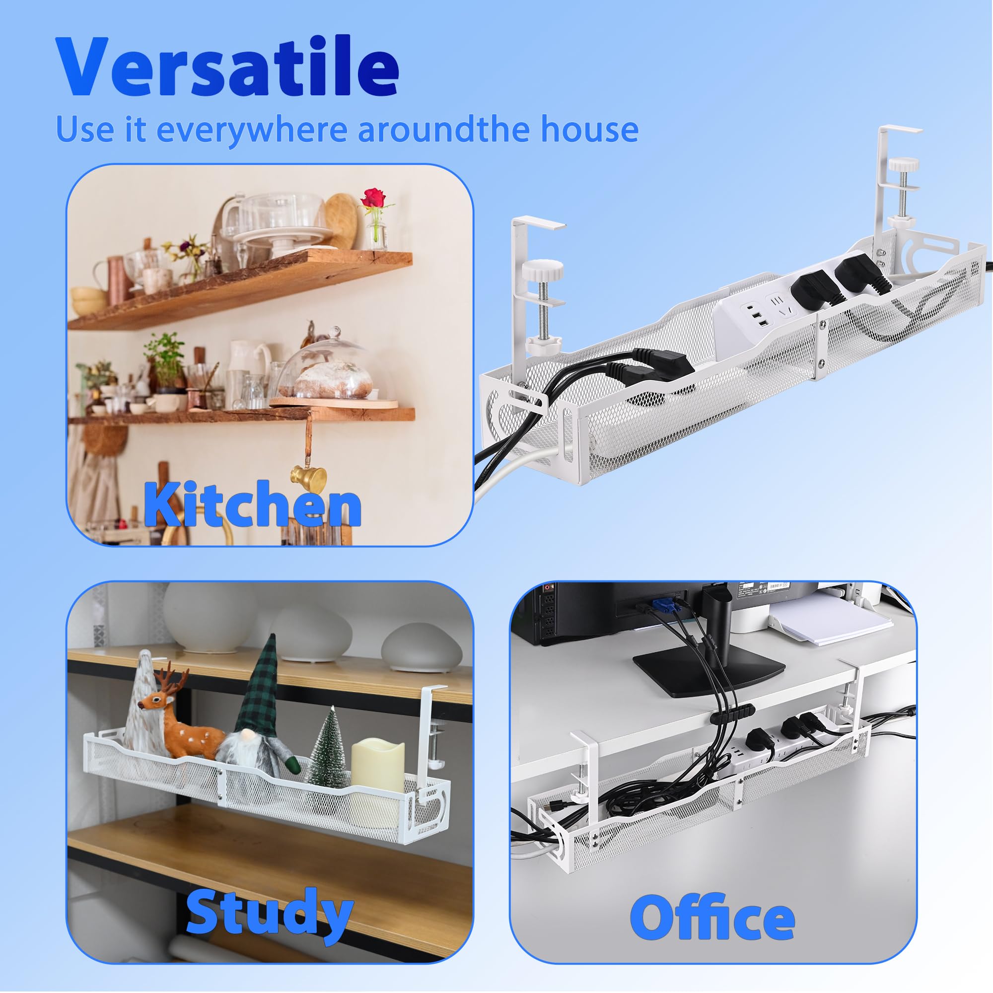 Boîte de gestion de câbles sous le bureau de 64,3 cm – Plateau de rangement de câbles monté sur pince, grande boîte de gestion des câbles pour le bureau et la maison, organiseur de fils sous le bureau