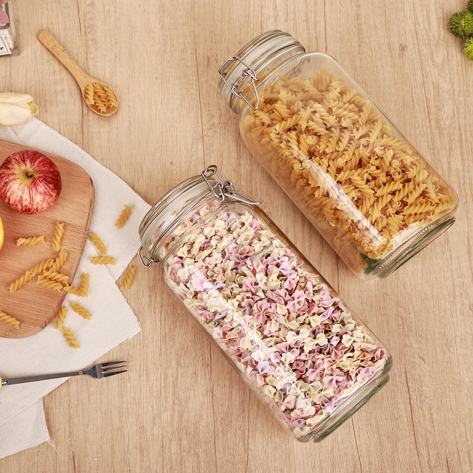 Barattoli in vetro per alimenti da 2,211 g, con coperchi ermetici, confezione da 3 barattoli da cucina grandi per farina, cereali, fagioli, pasta e conserve, barattoli quadrati con etichette