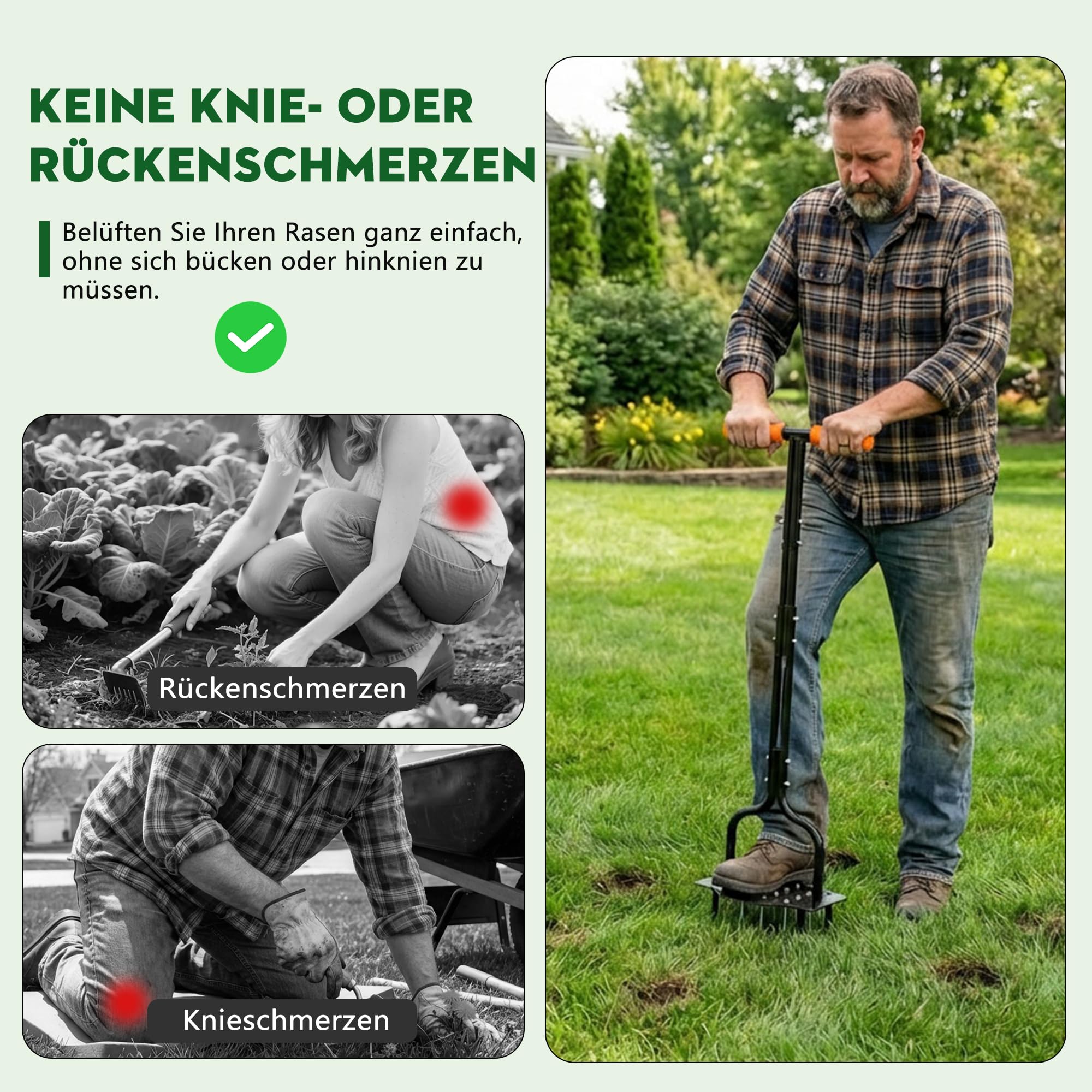 Handvertikutierer Rasenlüfter, Aerifizierer für Rasen Hohlspoon mit 20 Spikes (16 + 4 Hohlzinken), rostfreier Stahl, 100,5cm T-Griff & Fußhebel – manueller Rasenbelüfter für effiziente Rasenpflege
