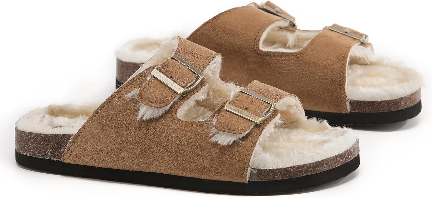 Faux Suede Twin Strap Big Buckle Suede Slide Sandals for Women – Cozy Double Strap Slip-On with Adjustable Buckles & Cork Footbed – Soft House Sandals for Indoor & Outdoor Comfort - Image 5
