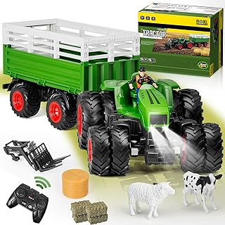 Orvyna RC Remote Controlled Tractor Toy from 2 Years with Trailer, 2.4 GHz Children's Tractor Remote Control Toy with Lifting Fork, Light, Cow, Sheep and Hay Bale, Gift for Children from 3-8 Years