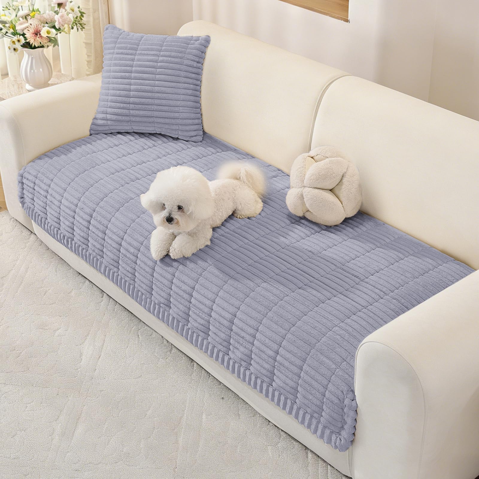 MAXIJIN Flannel Sofa Cover Washable, Soft Thick Couch Cover 2 3 4 Seater, Universal L-Shaped Corner Couch Covers, Fuzzy Pads Settee Covers for Pets and Kids (Light Grey, 90×160cm)