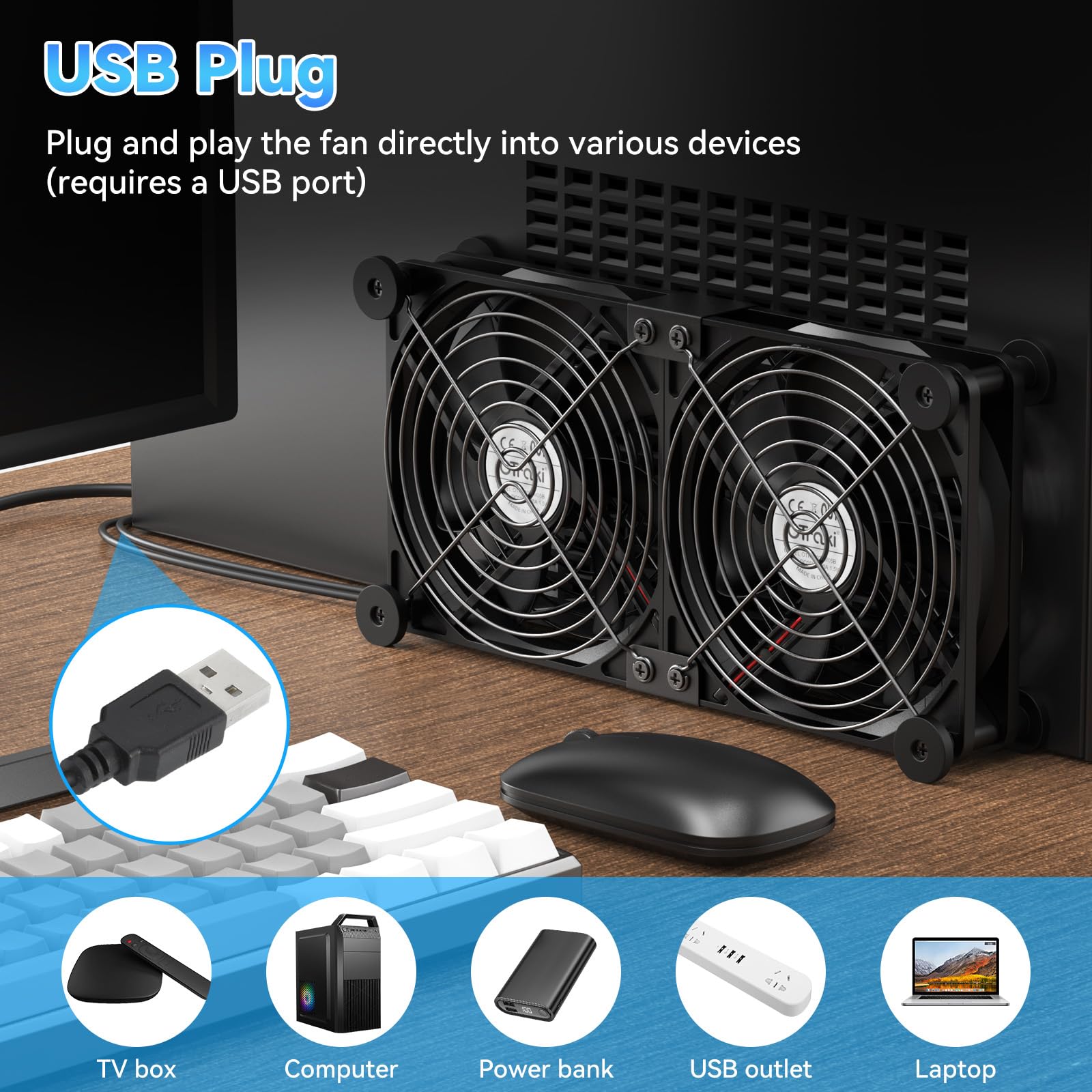 OTraki 120 mm USB Ventola PC 2 in 1 Ventola Portatile 3 Velocità Regolabili Ventola Di Raffreddamento Elettronica