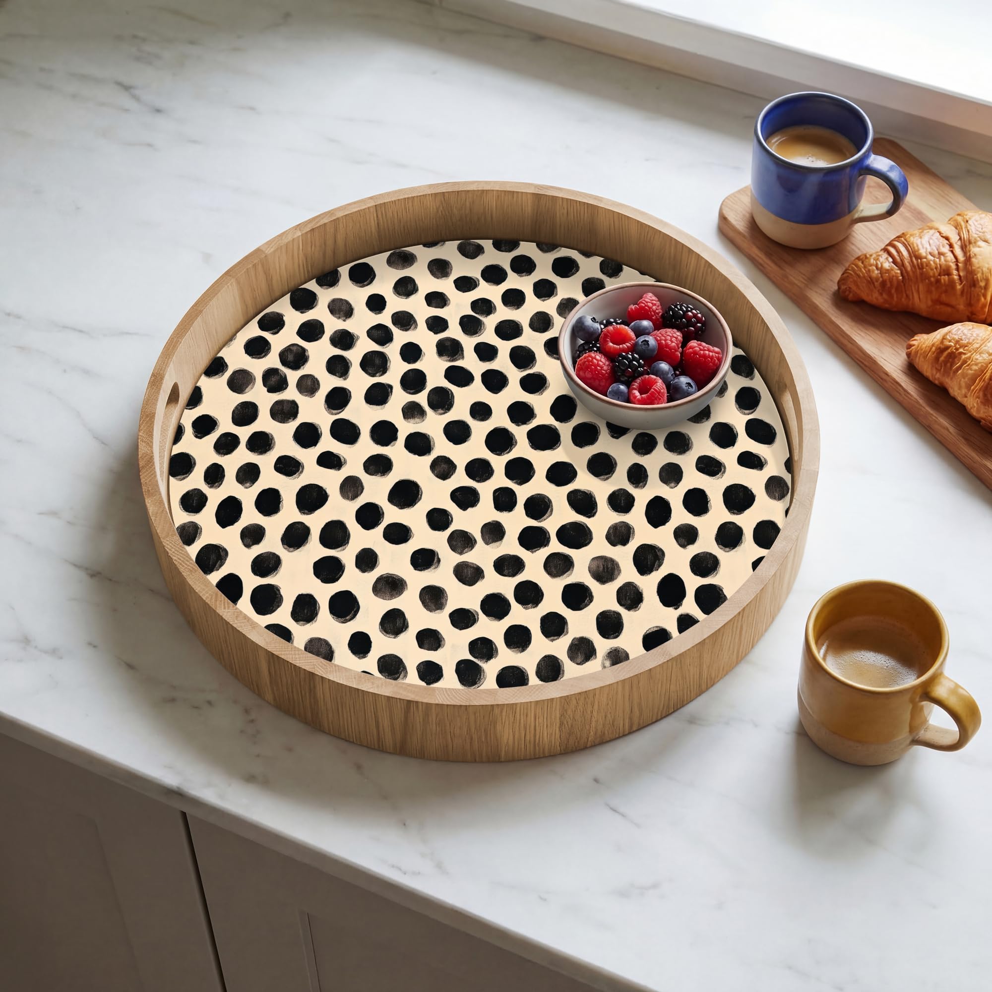 Bandejas Redonda 40x40 cm Bandeja Cafe para Servir Comida Bonitas Resistente Al Calor Tray De Madera Desayuno Cocina Tabuleiro Lunares - Patrón - Negro