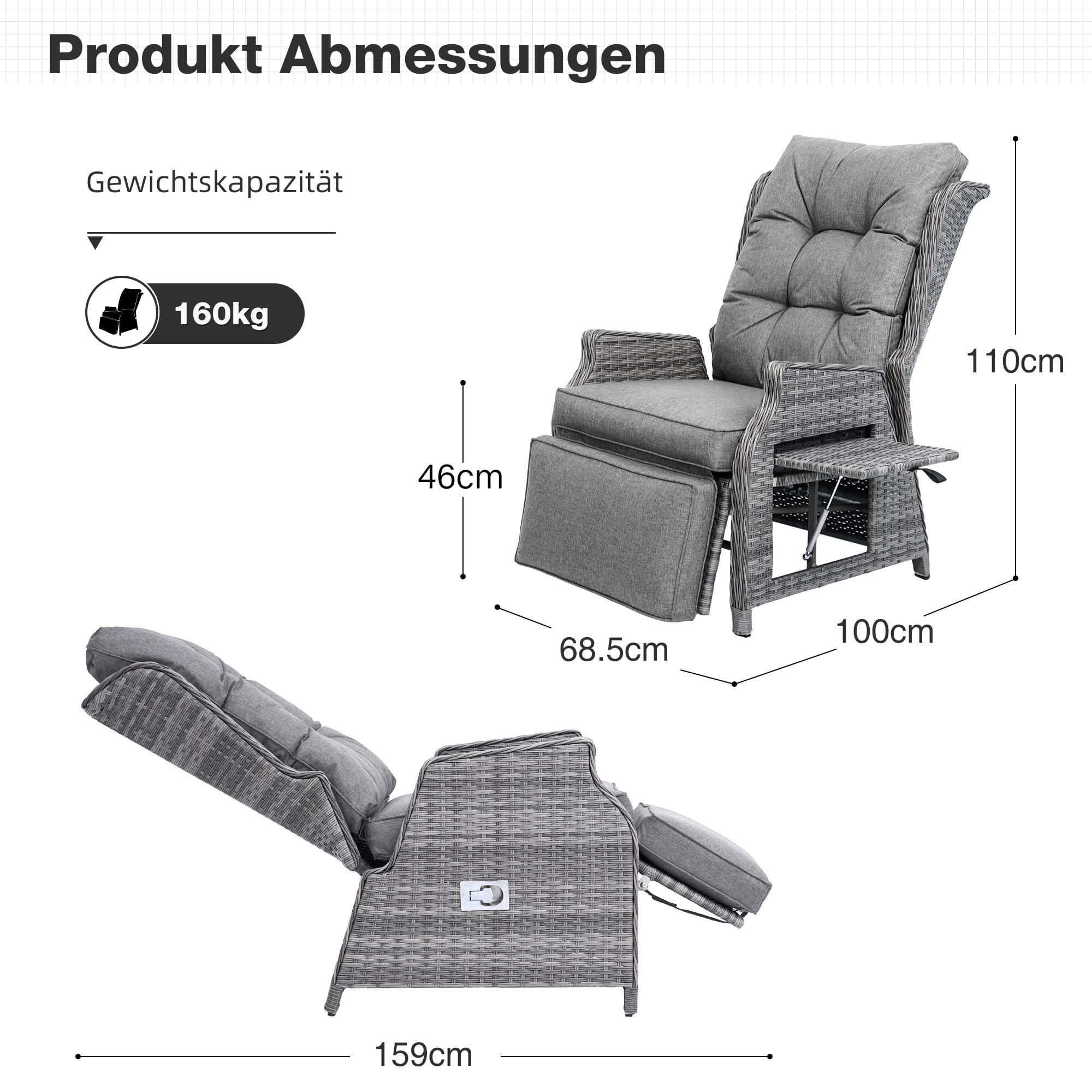 COMLAX FIELD Gartensessel mit Liegefunktion Wetterfest, Relaxsessel Verstellbar, Relaxliege für Innen, Gartenliege und Loungesessel aus Rattan, Dunkelgrau