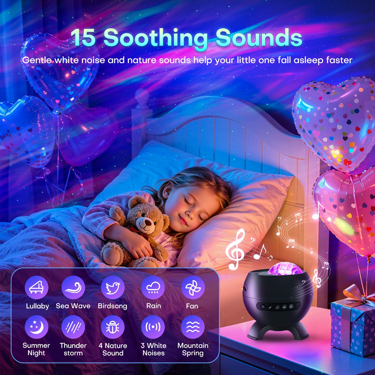 Projektor światła północnego, 300+tryby i 5 filmów Aurora, projektor światła 15 białego szumu i projektor galaktyki Bluetooth do sypialni, projektor gwiazd księżycowych, projektor światła