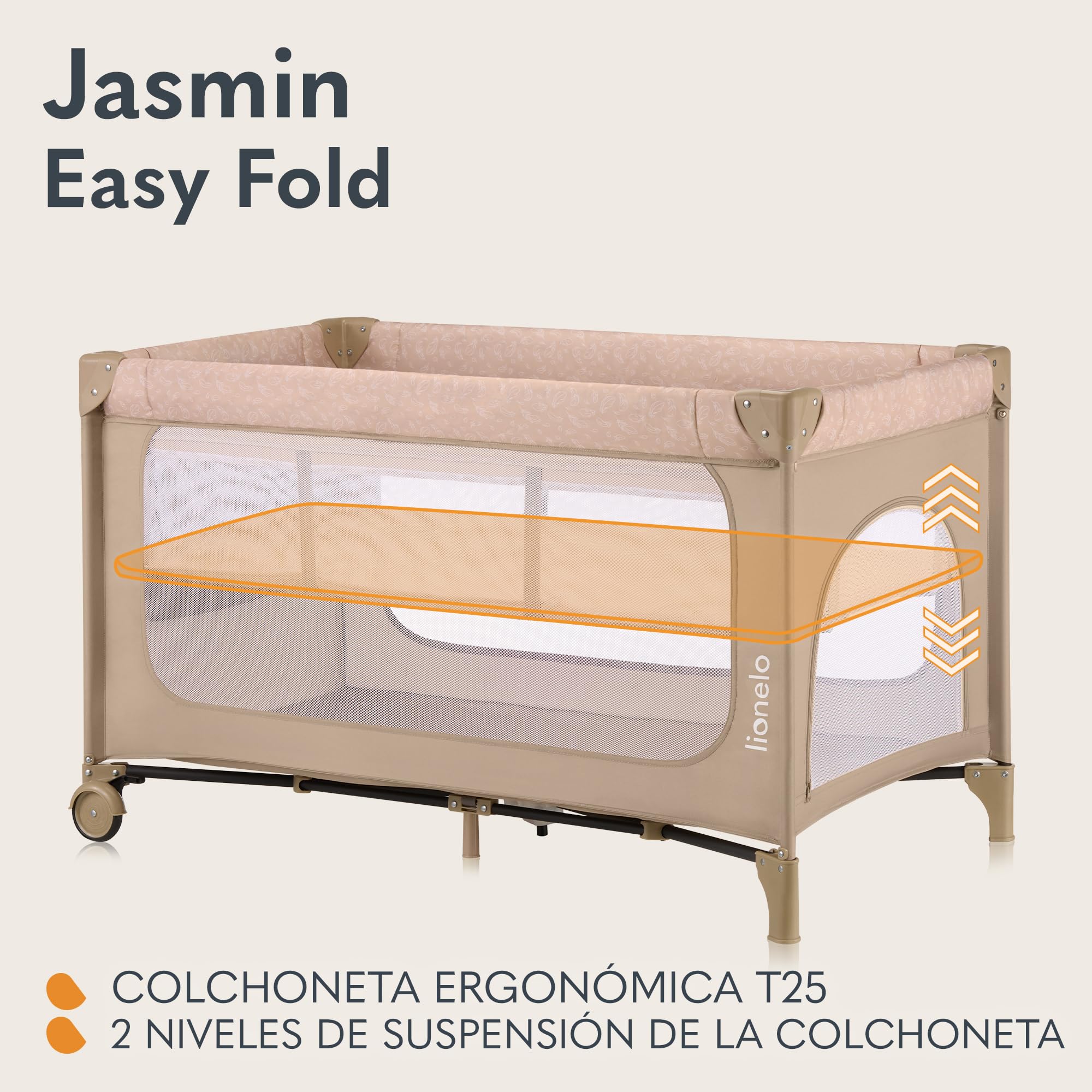 lionelo Jasmin Easy FoldCuna de Viaje para Niños de hasta 15 kg de 0 a 36 Meses Colchón de Espuma T25, 2 Niveles de Altura, Easy Fold, Entrada Lateral, Ruedas (Beige)