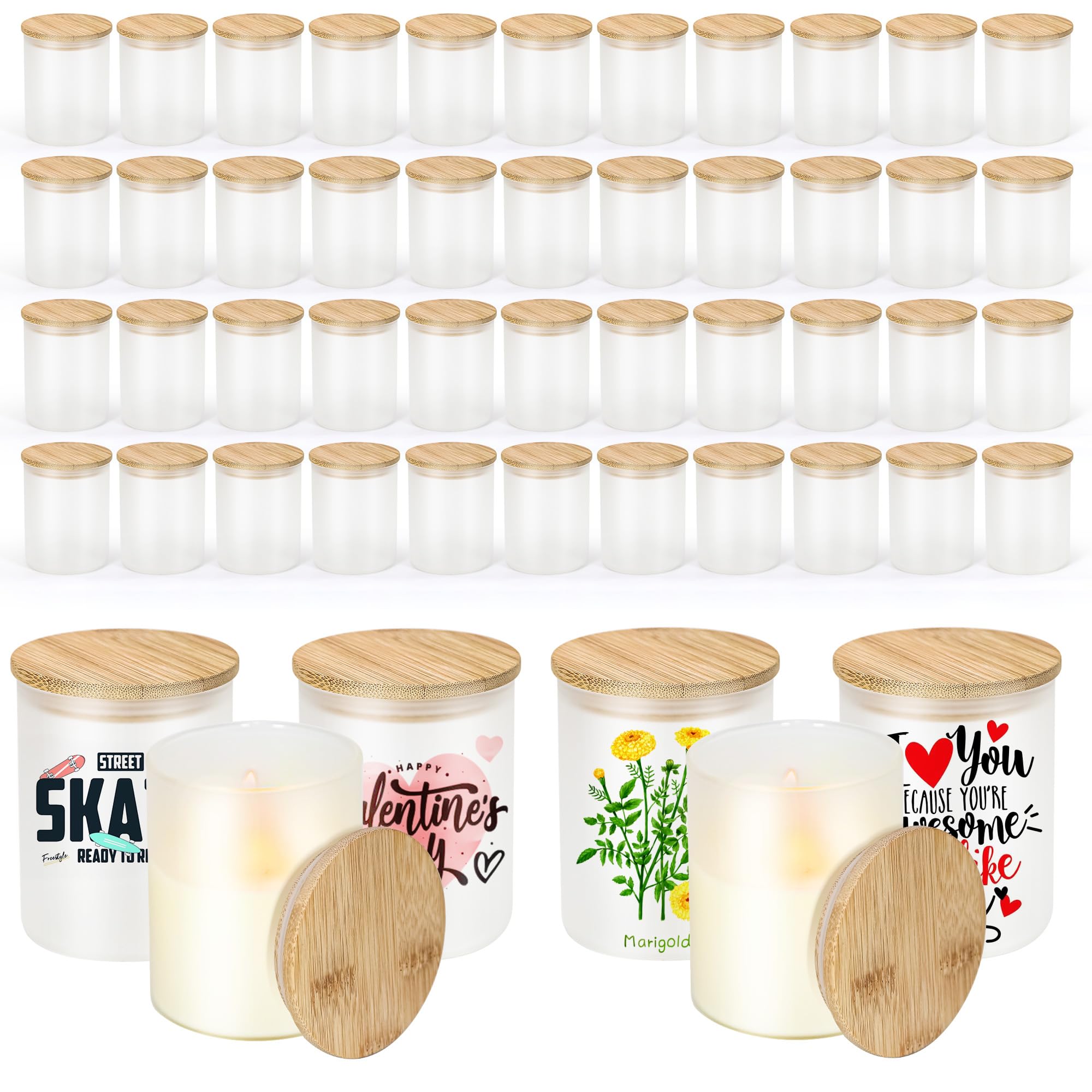 CHLJAR 10 OZ Sublimation Glass Tealight Candle Holder with Bamboo Lids, 50 PCS Sublimation Frosted Glass Jar for Christmas, New Year, Wedding, Birthday Party, Family Gathering