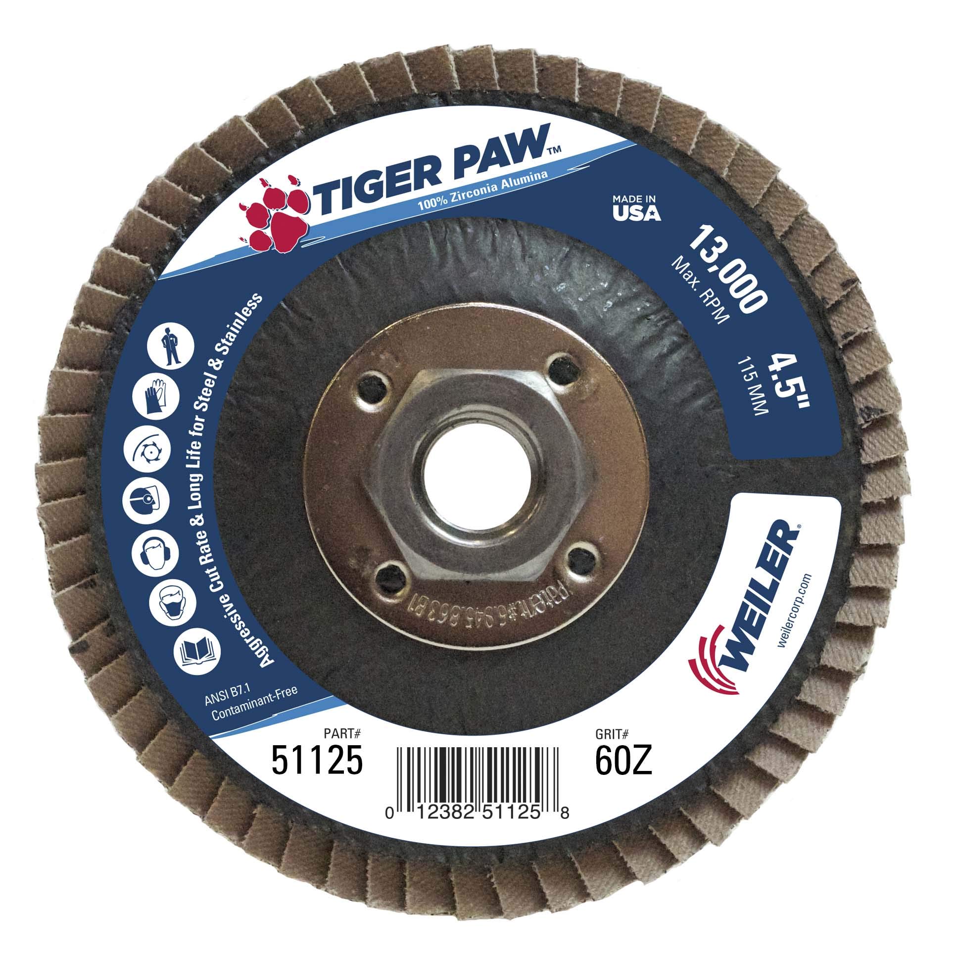 Weiler 51125 4-1/2" Tiger Paw Abrasive Flap Disc, Conical (Ty29), Phenolic Backing, 60Z, 5/8"-11 Unc Nut (Pack of 10)