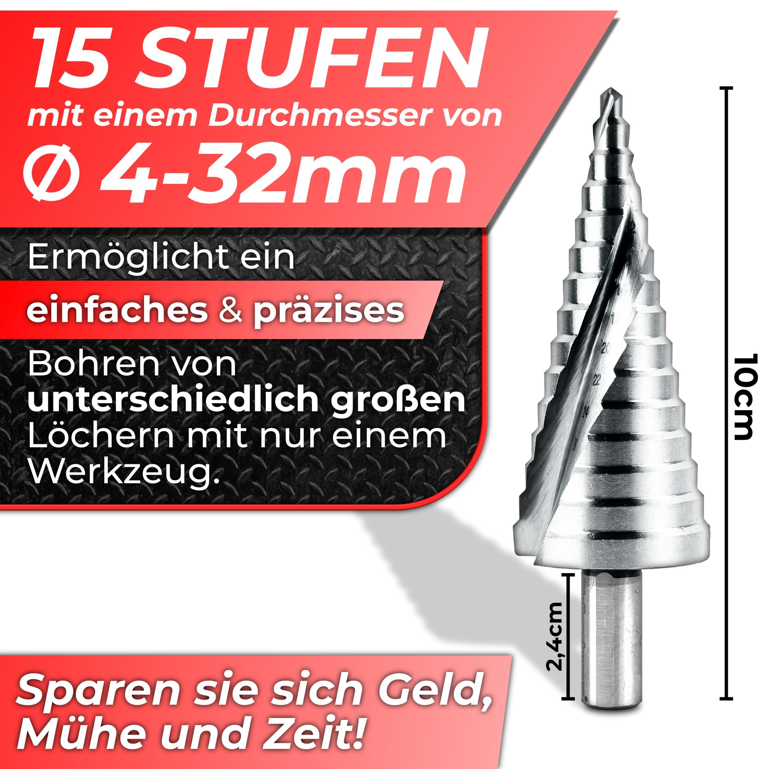 Woltersberger® HSS Stufenbohrer con albero da 10mm | Trapano conico Ø 4-32mm a spirale | HSS Stufenbohrer con 15 livelli adatto per molti portapunta | Ideale per metallo, legno, alluminio, ottone
