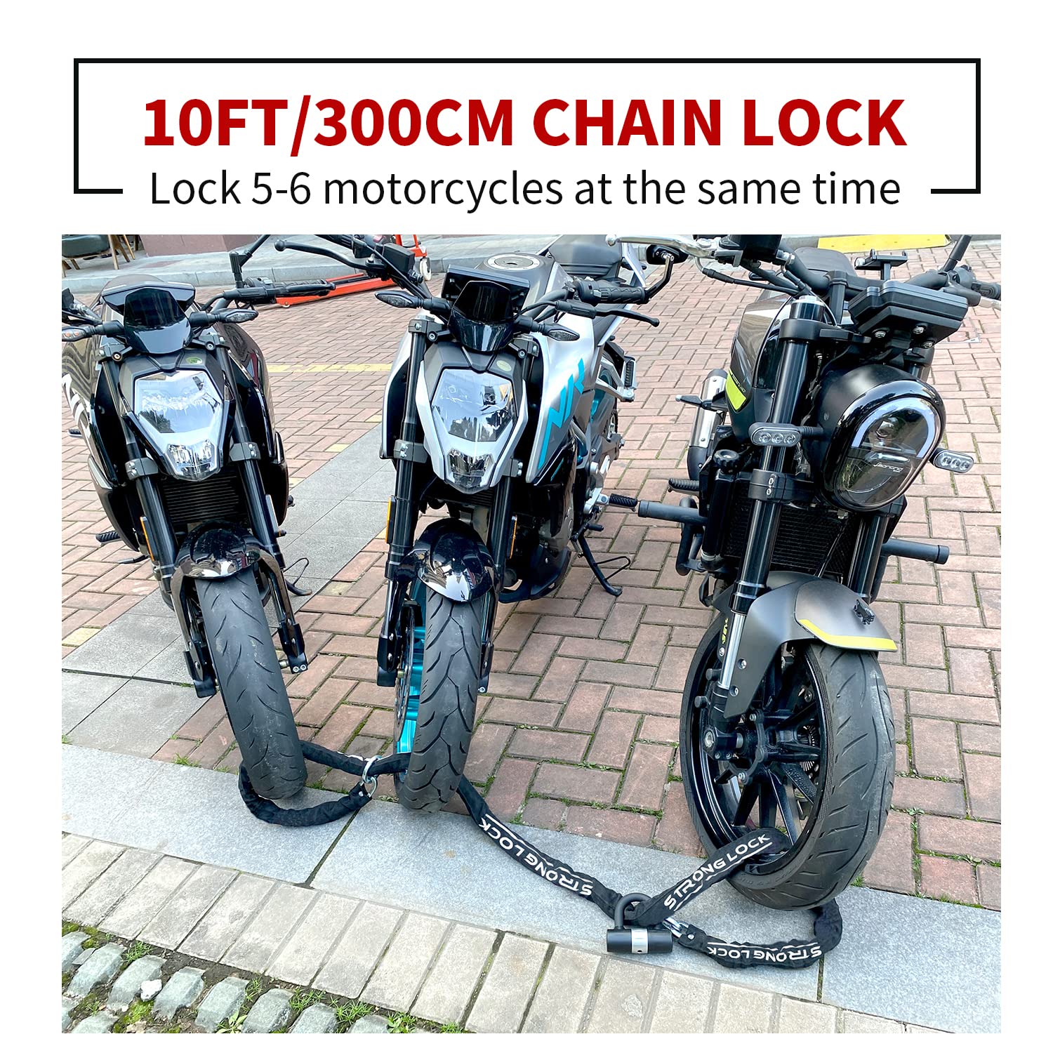 AKM Motorradschloss, 300 x 10 mm dick, Diebstahlschutz, Kettenschlösser mit 4 Schlüsseln, Sicherheit, 16 mm U-Schloss, Scheibenschloss, langlebiges Fahrrad-Kettenschloss für Container, Anhänger