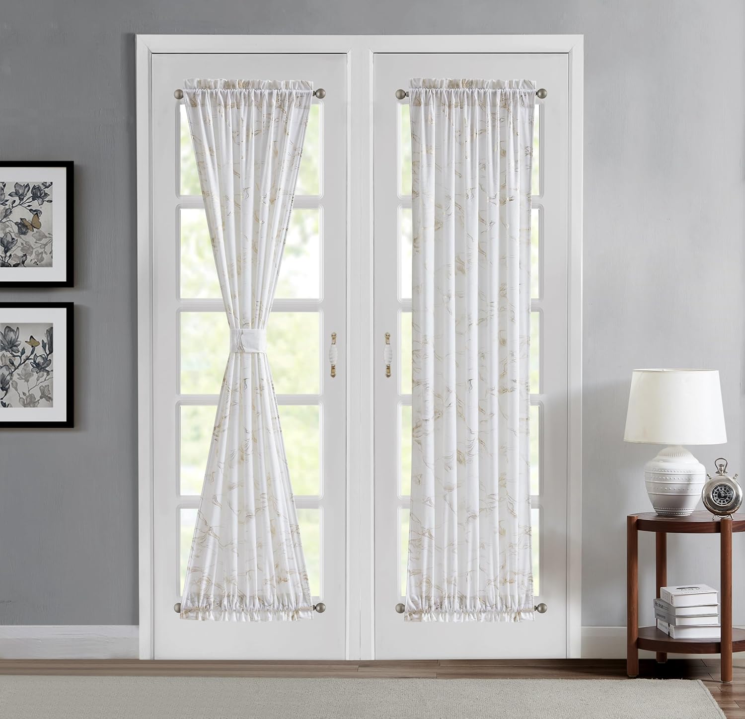 Warm Home Designs White French Door Curtains Set of 2. 50 x 72 Privacy Panels Made from Printed Velvet Fabric. Front Door Curtains for Door Window Come with 2 Tie-Backs. IFD White 50x72