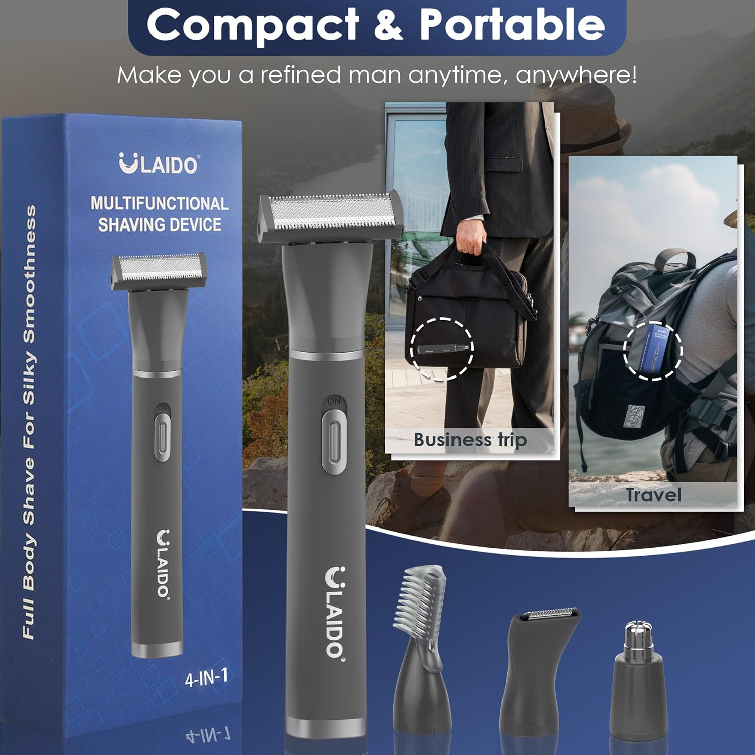 Body Hair Trimmer for Men, 4 in 1 Versatile Trimmer Shavers for Nose Ear Eyebrow Body Hair Trimming, USB-C Fast Charge Electric Pubic Hair Trimmer for Smooth Shaving with Storage Bag