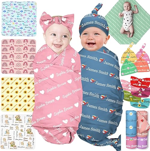 Manta de envolver personalizada para niña y niño, juego de manta y gorro con diadema de lazo con nombre, artículos personalizados para bebés, regalos