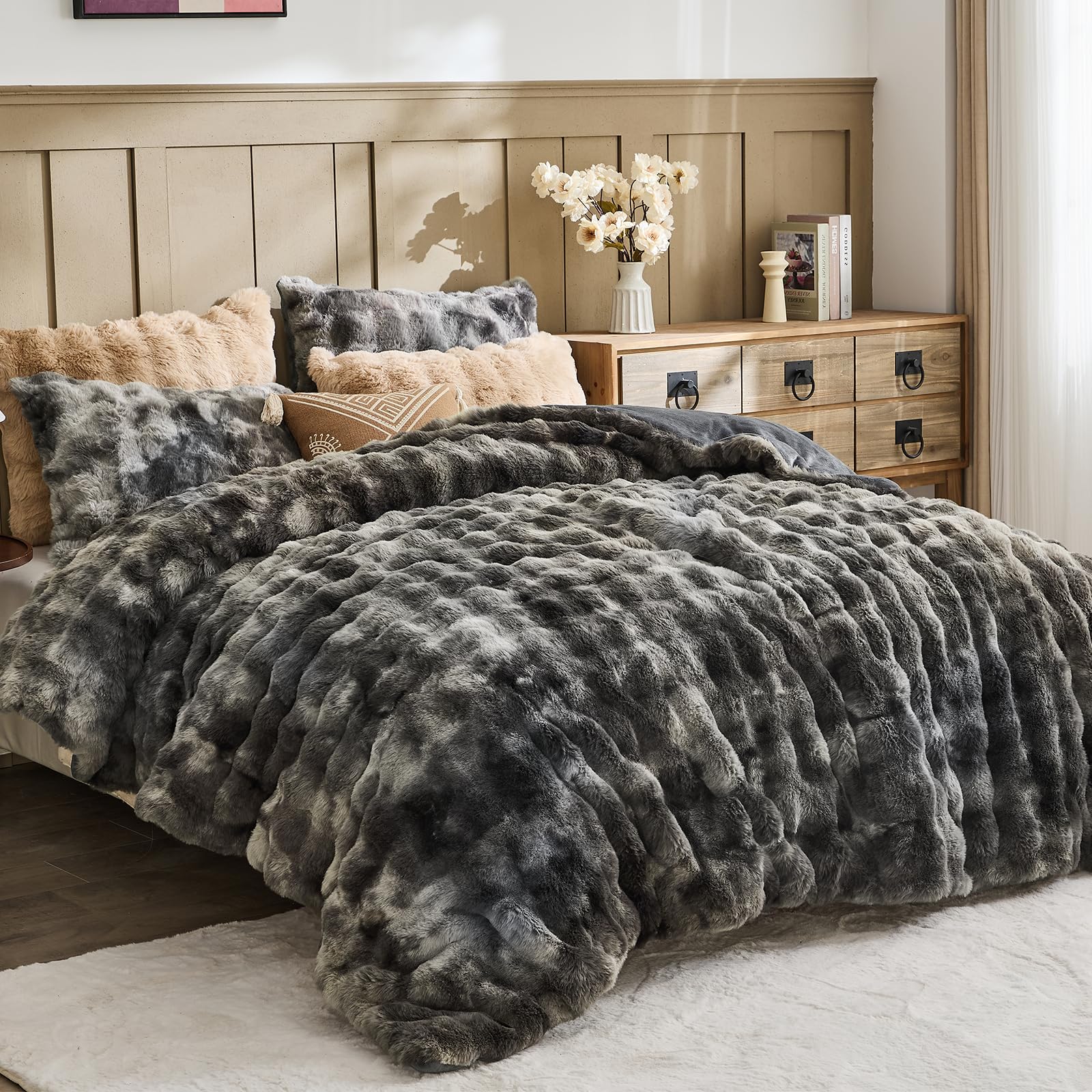 Lotus Karen Fluffy Comforter Cover Set - Rabbit Fluff Faux Fur Duvet Cover King Size Tie-Dye Dark Gray Plush Furry Bedding Sets 3Pieces(1 Duvet Cover