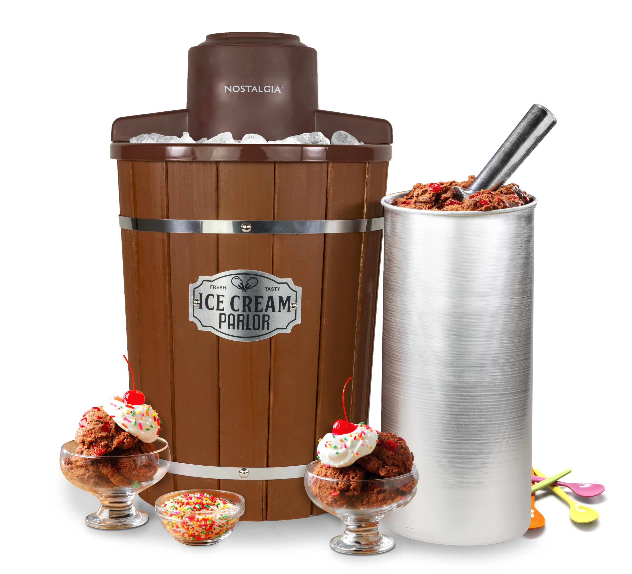NOSTALGIA Bunn Nostalgia ICMP600WD Vintage Collection 6-Quart Wood Bucket Electric Ice Cream Maker with Easy-Clean Liner (Brown)-image-15