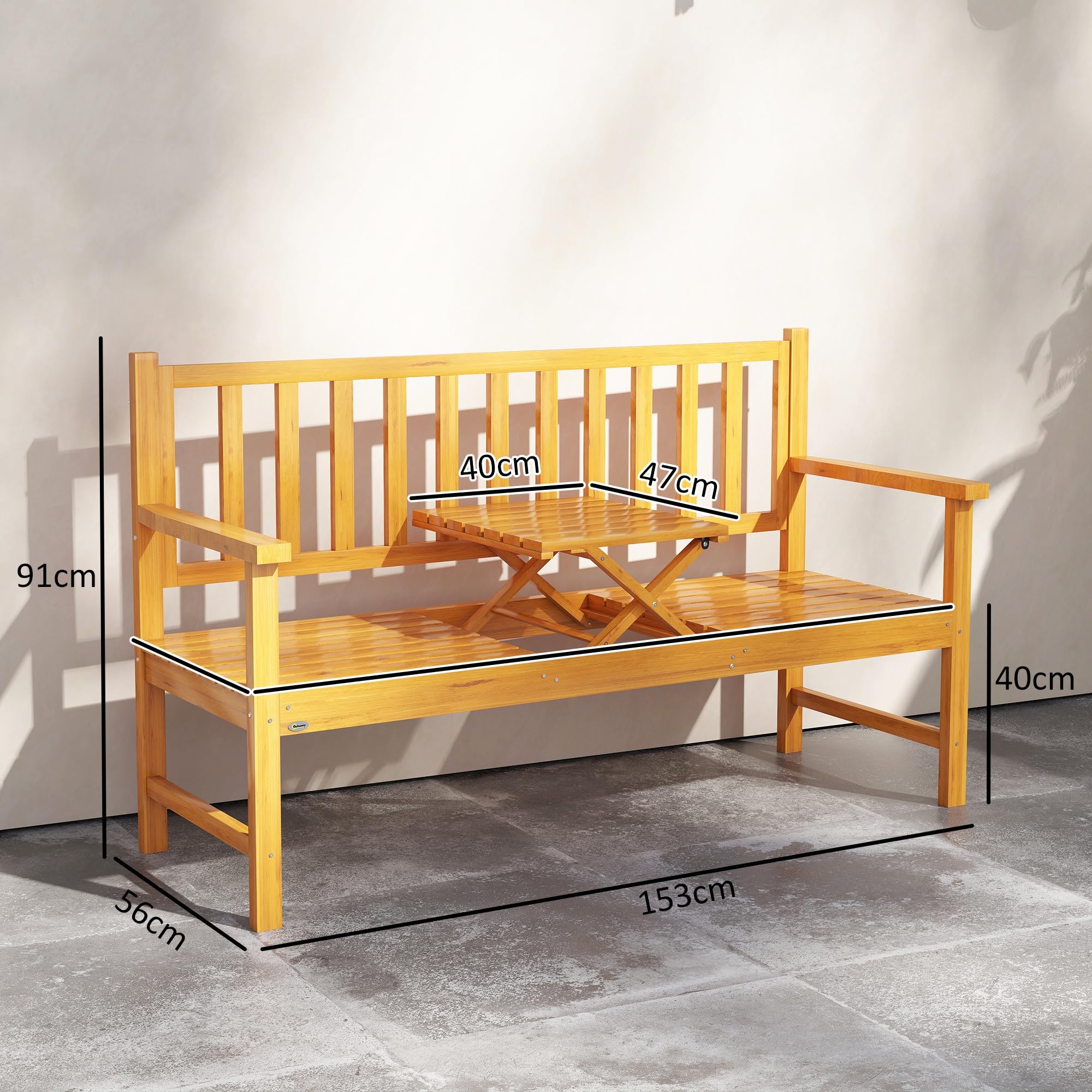 Outsunny Panchina da Giardino a 2-3 Posti in Legno di Pino, Panchina da Esterno con Tavolino Sollevabile e Braccioli, per Balcone Esterno e Patio, 153x56x91 cm, Marrone Chiaro