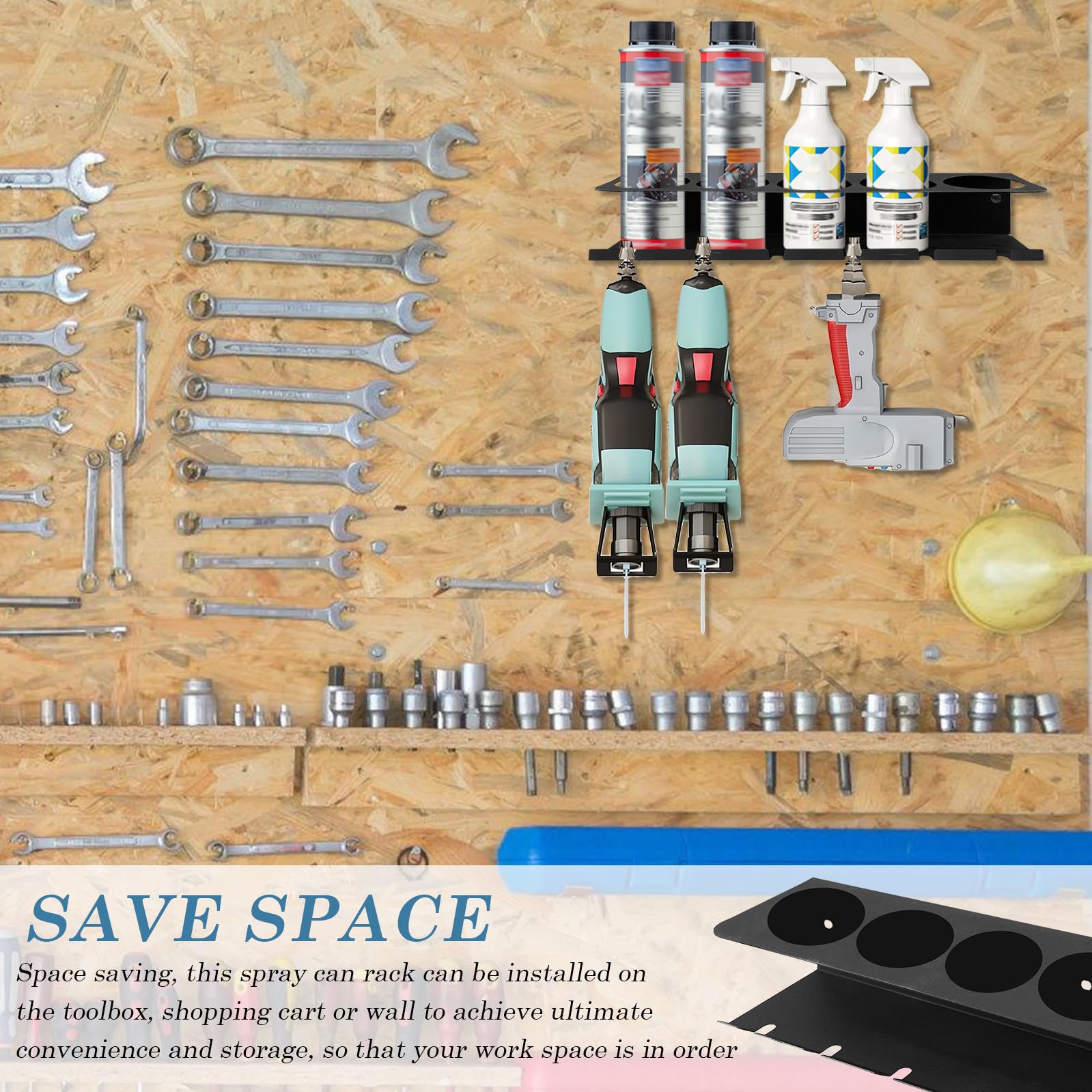 Porta-lattine per bottiglie spray, da parete, con 5 fori e 6 porta lattine per garage e casa