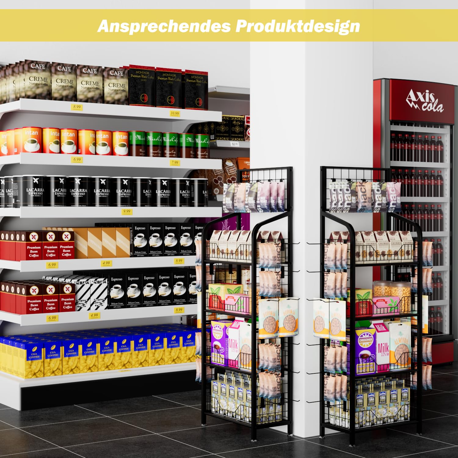 4-stufiges Metall Präsentierregal mit 30 Haken, stabiler Drahtgitter Aufbewahrungsständer für Snacks, Lebensmittel, Laden & Zuhause