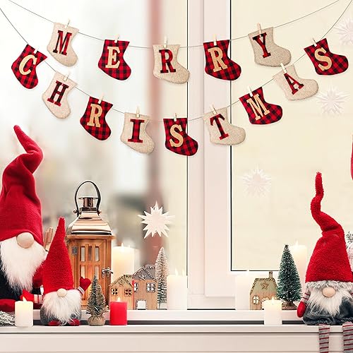 Miniatura 7 de Cartel de arpillera de Feliz Navidad, decoración navideña en forma de calcetín, decoración colgante para interiores y exteriores, decoraciones