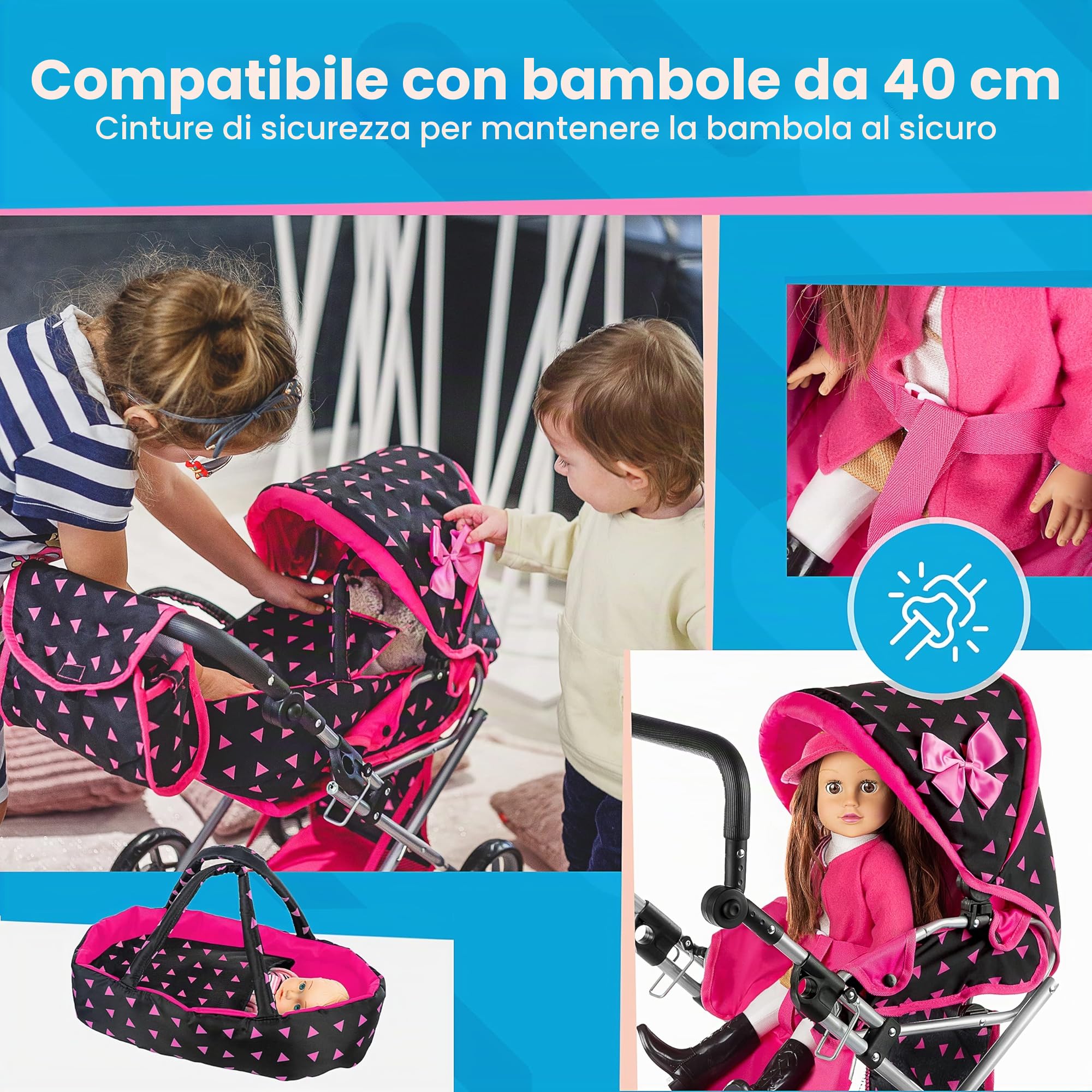 Kinderplay Passeggino per bambole a partire da 1 2 3 anni, giocattolo 3 in 1, per esterni, con borsa per il trasporto rimovibile e borsa a tracolla, regolabile in altezza fino a 62 cm, KP0200R