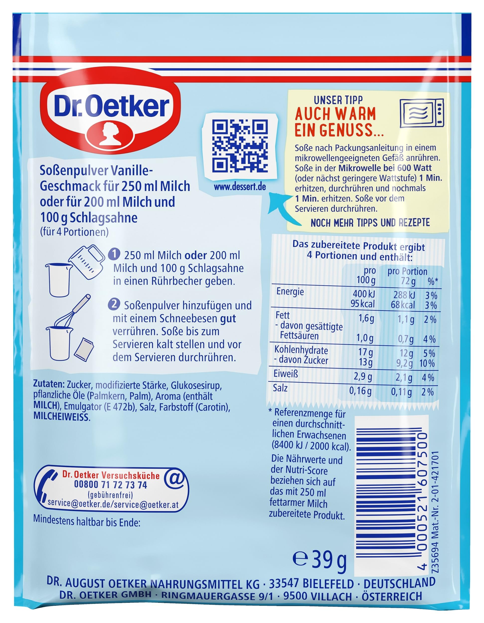 Dr. Oetker Dessert-Soße ohne Kochen Vanille-Geschmack, 20er Pack Vanillesoßen-Pulver zum Einrühren in kalte Milch, 20 x 39 g für je 250 ml Vanillesauce
