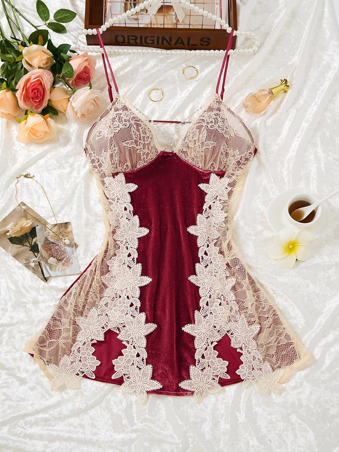 Lilosy Sexy Pearls Split Padded Velvet Appliques Lace Floral Sheer Mini Lingerie Dress - Image 3