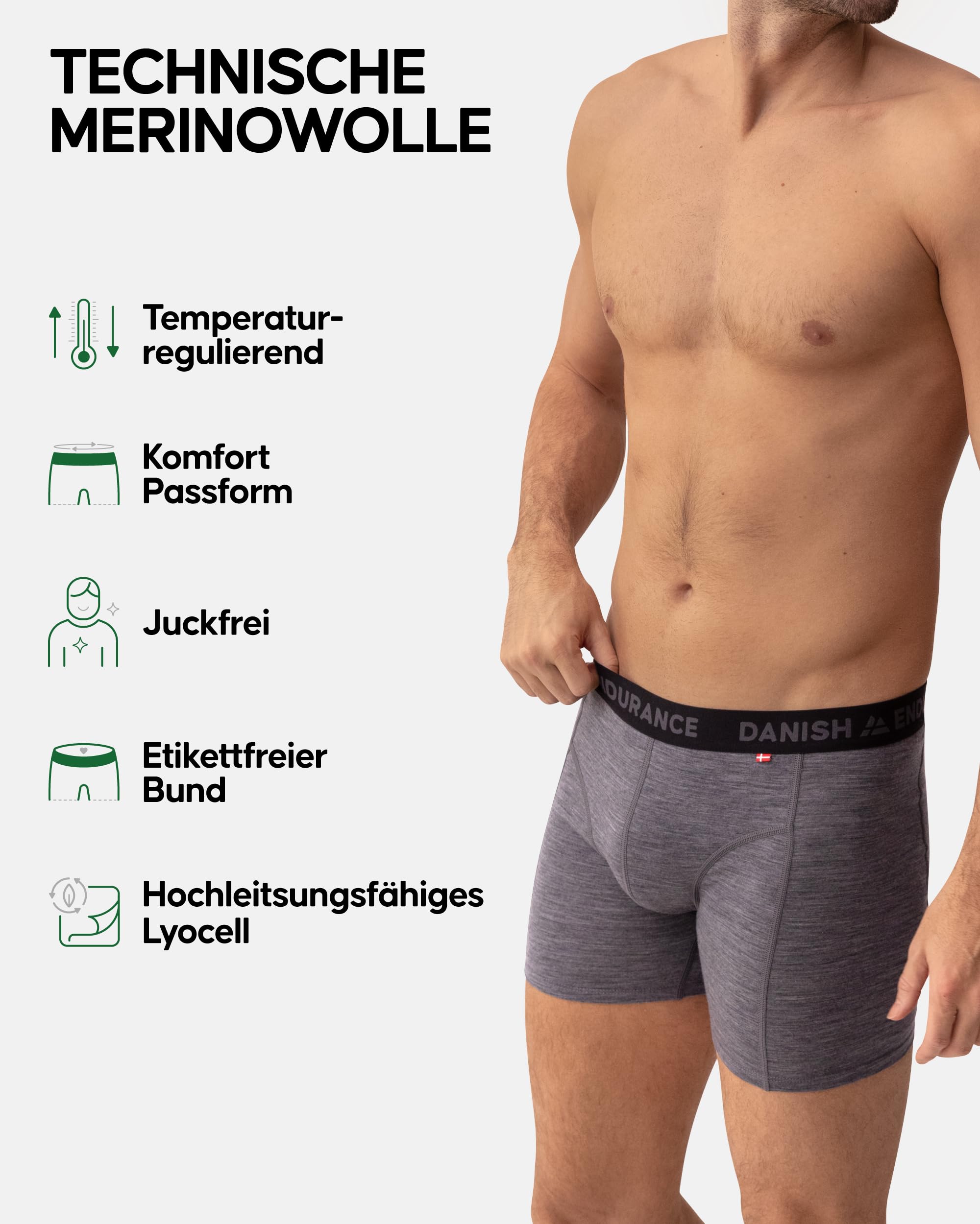 DANISH ENDURANCE Merino Boxershorts Herren (2er Pack), Merino Unterwäsche Herren, Sport & Outdoor, Geruchsfreie Unterhosen Männer, Schweißableitend & Atmungsaktiv, Mit oder ohne Eingriff