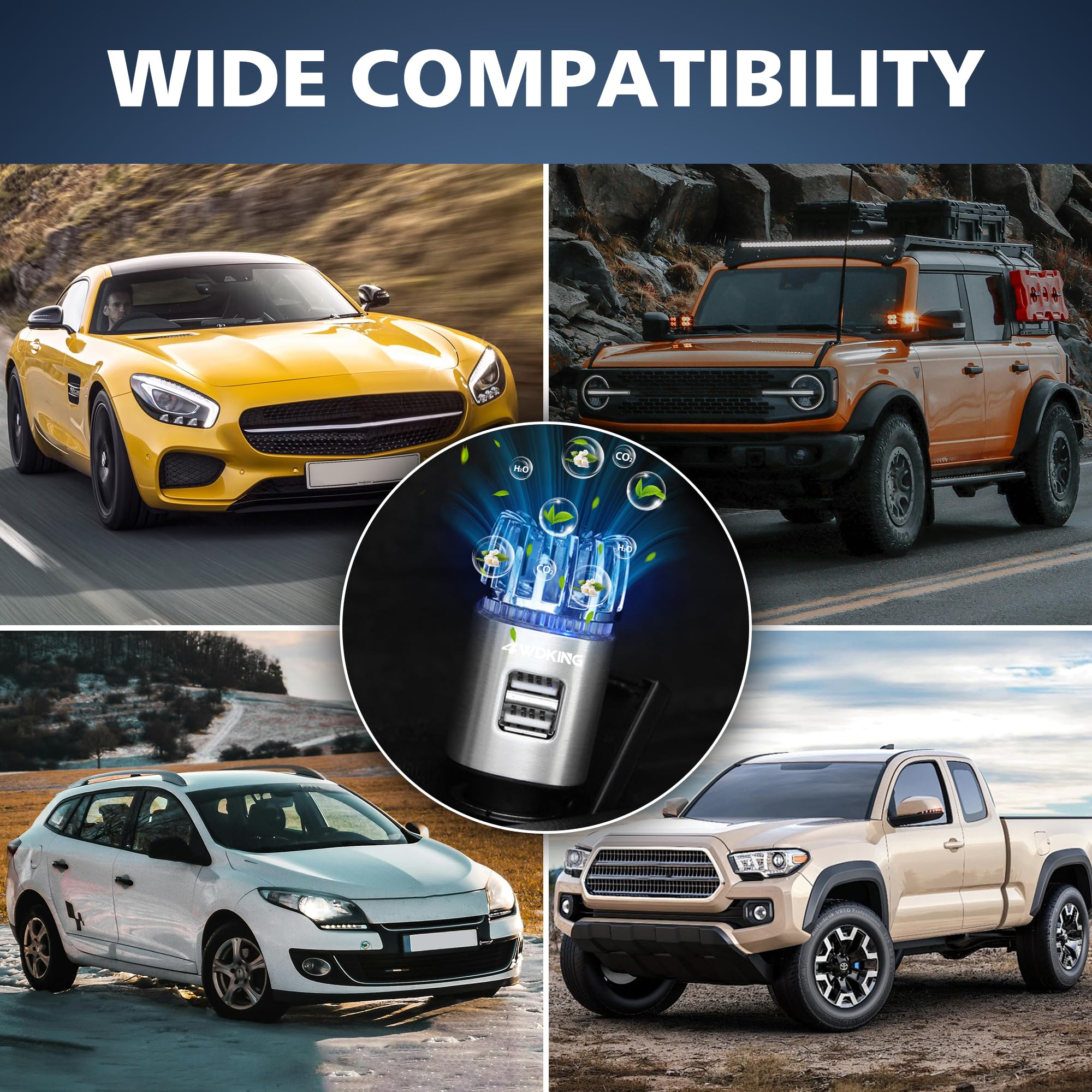 4WDKING Ionizador purificador de aire para coche, 12 V, ambientador de coche enchufable, con cargador USB doble, elimina el humo del cigarrillo, el olor de mascotas y alimentos, ozono iónico (plata)