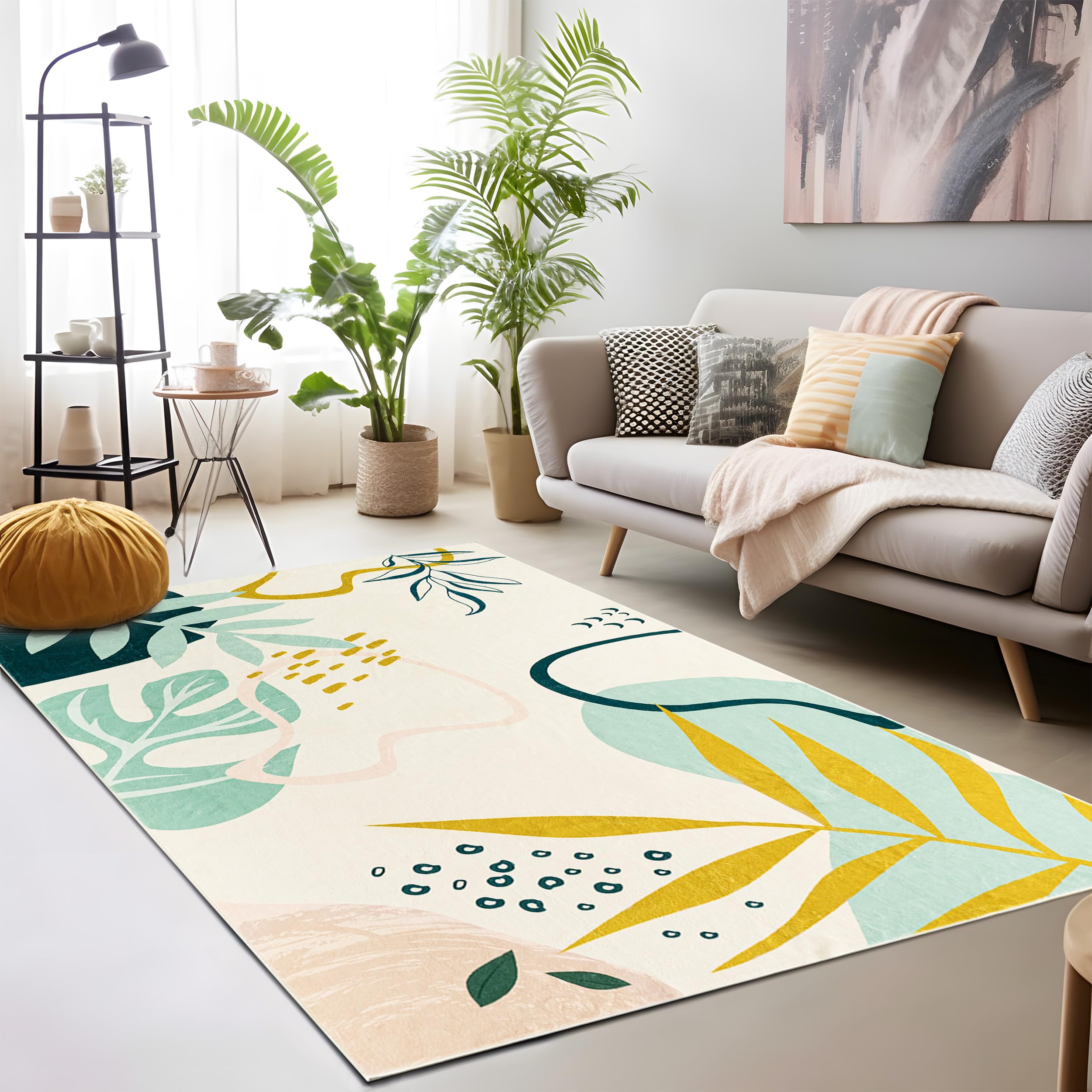 UBTKEY Area Rug 5x7, Ultra-Thin Non Slip Washable Rugs, Botanical Print Boho Rug Large Carpet for Living Room Dining Room Bedroom (Light Green, 5' x 7')