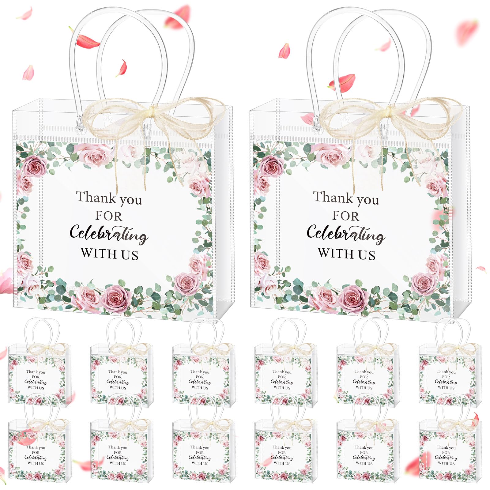 Kolldenn 12 Pcs Clear Wedding Gift Bags with Handle for Hotel Guests Thank You for Celebrating with Us Wedding Welcome Bags for Bridal Shower Party