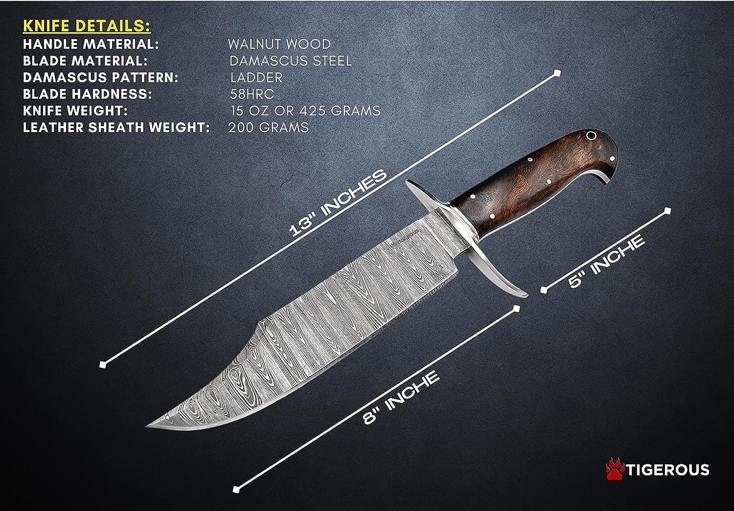 13-inch Bowie Knife, Full Tang Fixed Blade, Wood Handle Damascus Steel Hunting Knife with Scout Horizontal Carry Leather Sheath for Camping, Hiking, Survival (Walnut Wood)