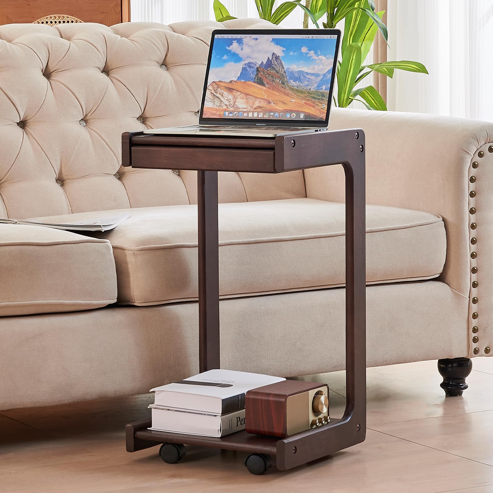 Uniclinens C Table for Sofa, Rolling Side Table with Wheels, Sofa Table with Storage, Narrow Sofa Tray, Skinny Thin Side Table, Solid Wood Slim Small Couch End Table for Living Room, Walnut