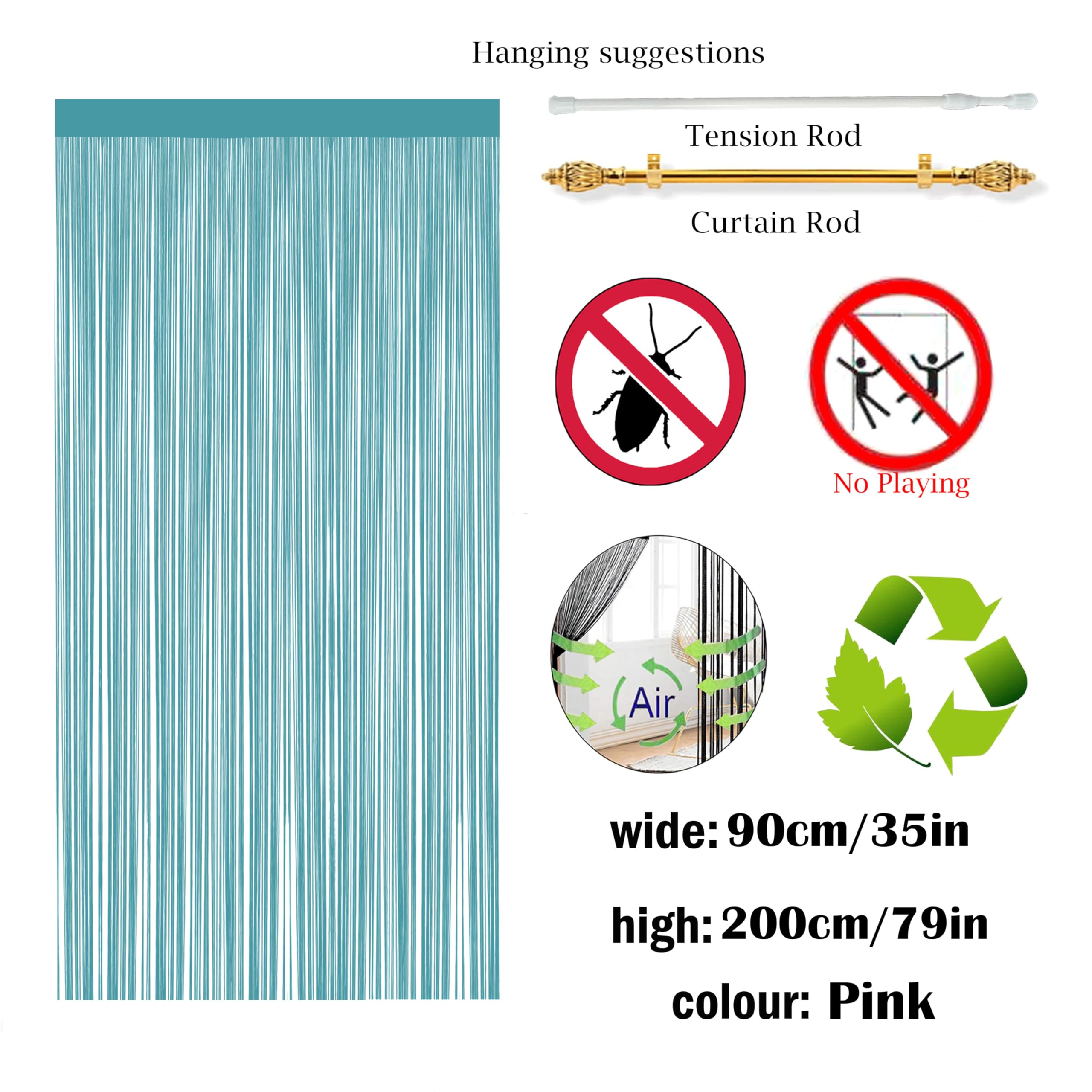 QiBoYuYe Fly Screen Curtains For Window String Flies Doors Decorations Room Dividers Doorways Panel Bedroom Living Closet Drapes (Blue - Image 3