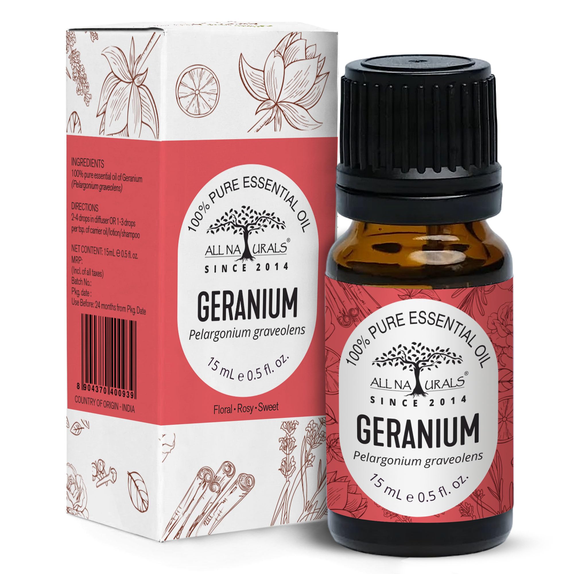 Geranium Essential Oil 100% Pure for Massage, Relaxation, Skin Cooling & Natural Perfumes - 15 mL