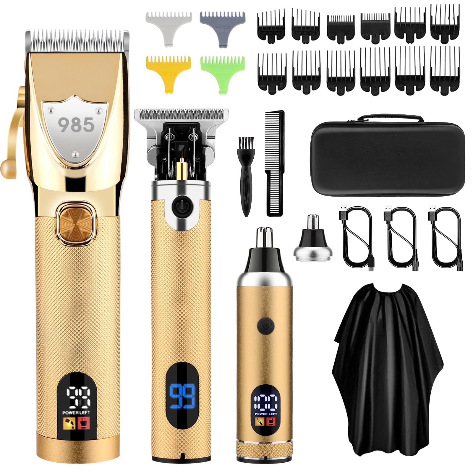 Professional Hair Clippers for Men, Electric Cordless Clippers and Trimmers Set, Nose Hair Beard Trimmer, Hair Cutting Barber Clippers with Guards, T Liners Edgers Clippers Mens Gifts (Gold)