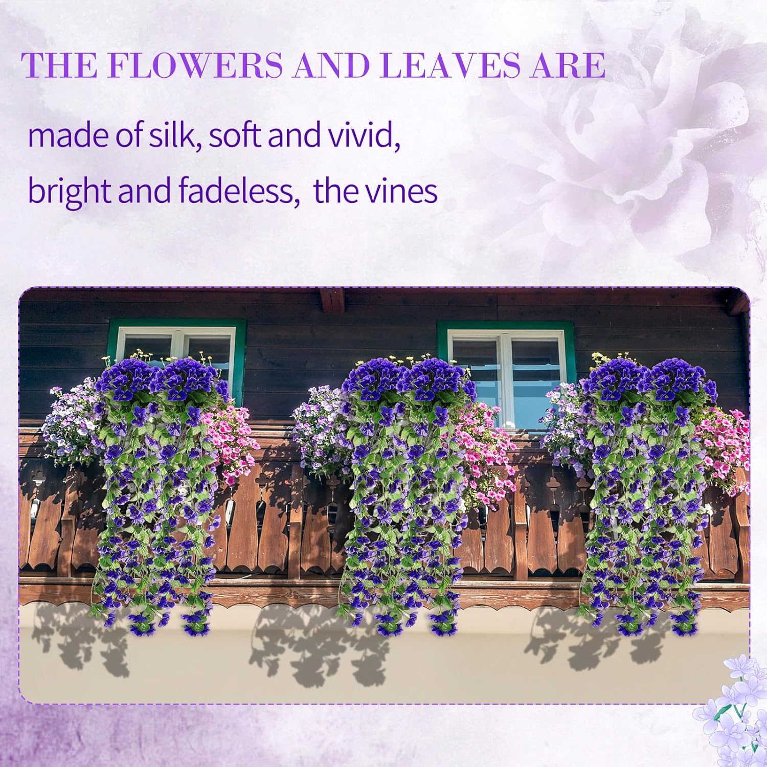 XunYee 4 Pack Artificial Hanging Flowers for Outdoor Violet Fake Hanging Plants 5 Petal Silk Violet Simulation Plant Royal Faux Artificial Flowers for Home Indoor Garden Wedding Spring Decor(Purple)