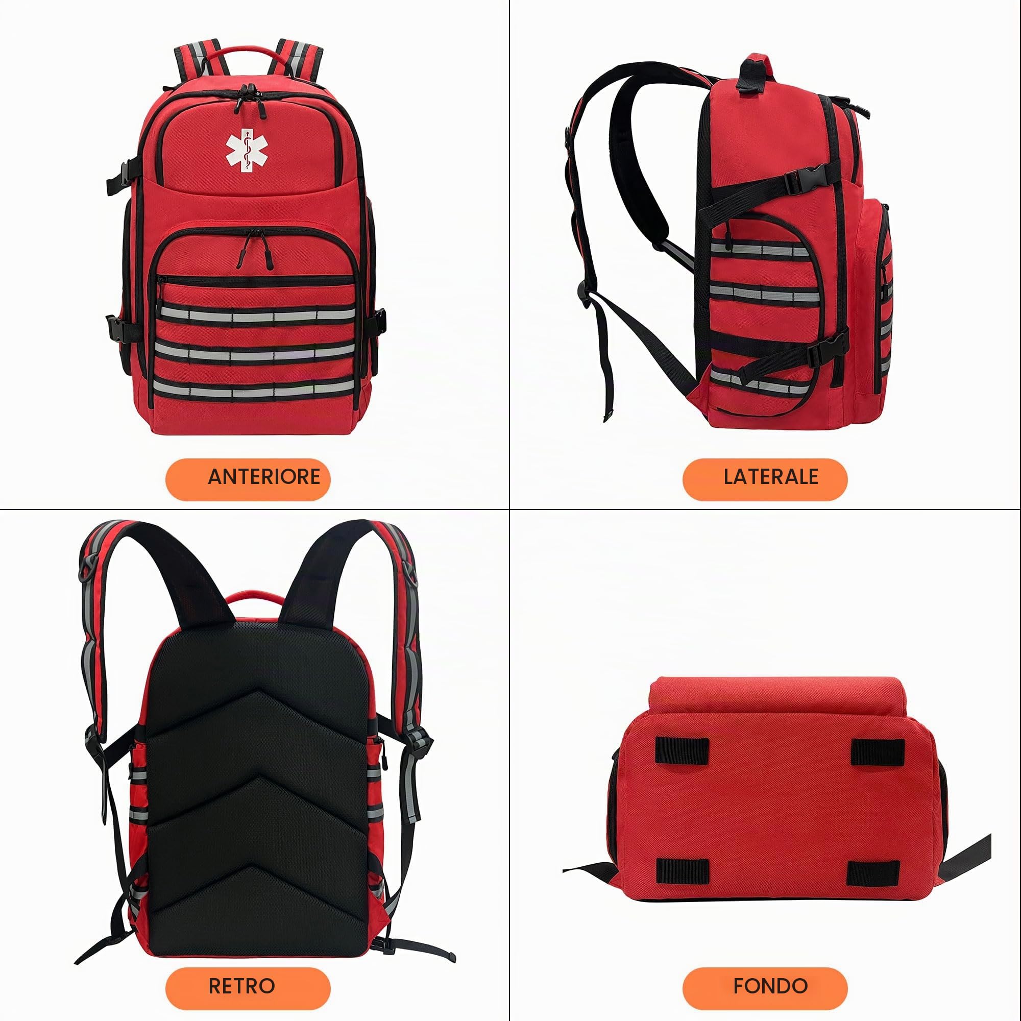 Zaino medico professionale, zaino di primo soccorso vuoto, con striscia riflettente e fondo antiscivolo, per campeggio, escursionismo e viaggi (rosso, grande)