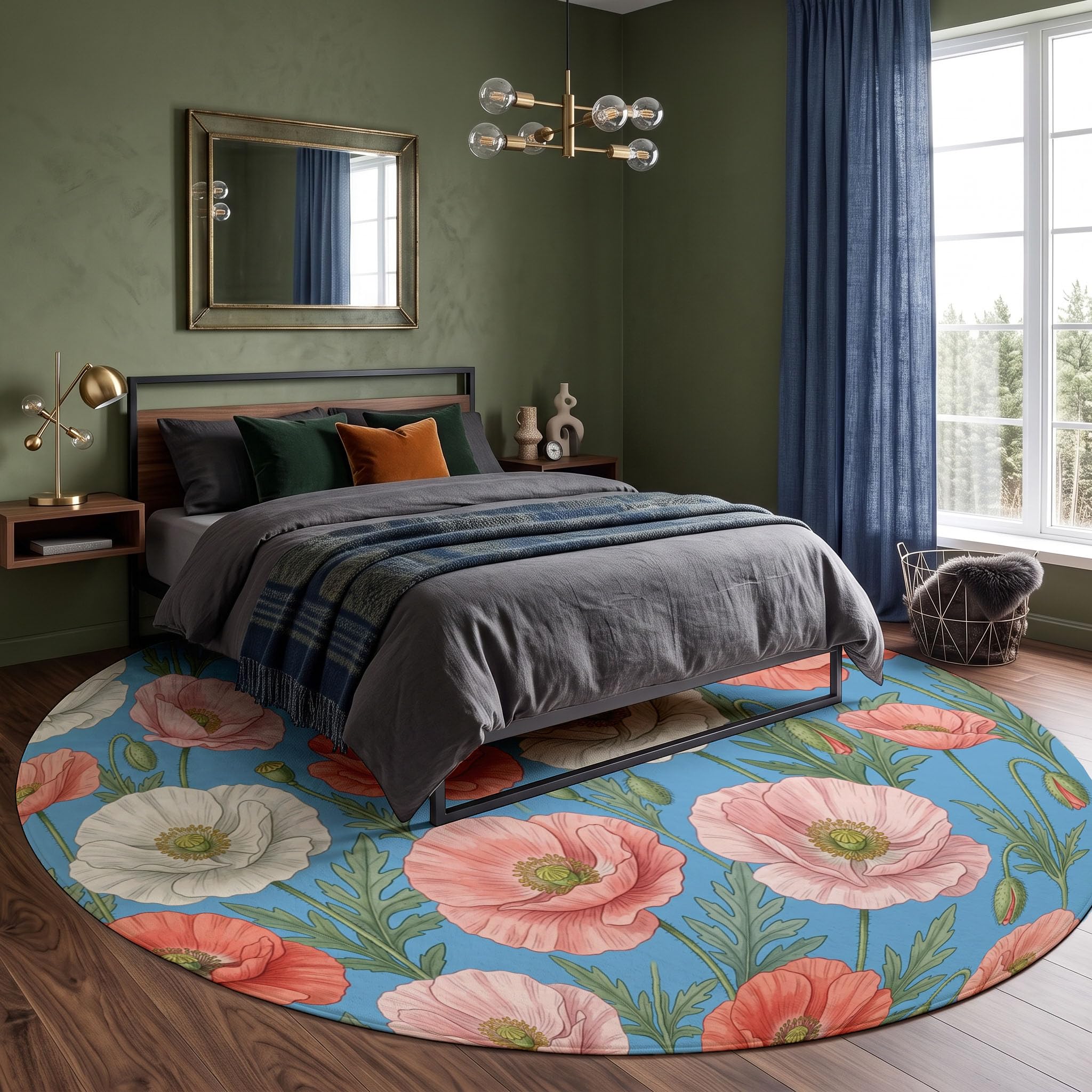 Tapis Rond Lavable Coquelicot Feuilles Vertes 100cm | Tapis Fleurs Fraîches Rétro Antidérapants Salon Lavable en Machine pour pour Salle à Manger, Entrée, Cuisine, Bleu