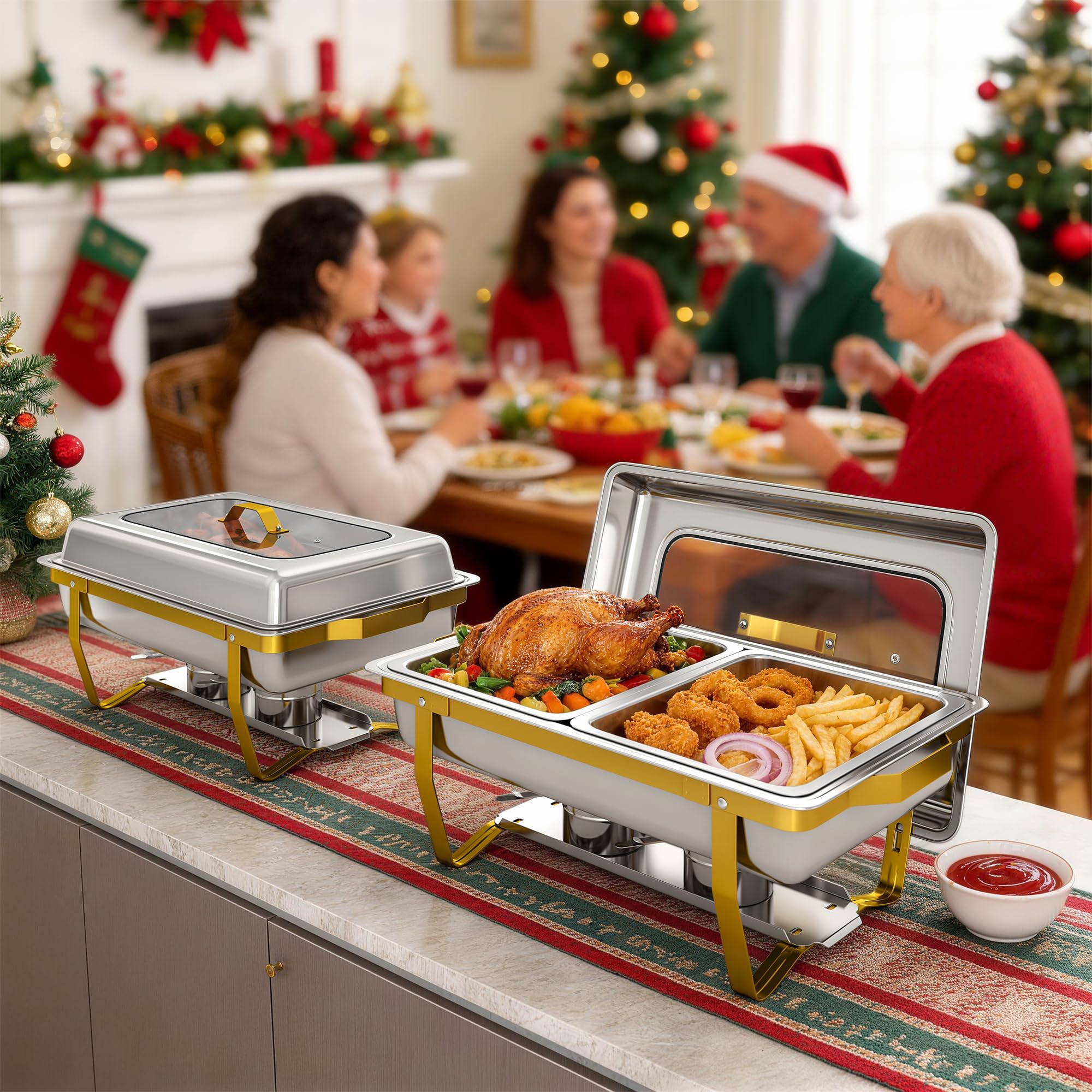 Set da 2 Vasi Riscaldanti Dorati con Finestra Trasparente, 8,5L Rettangolari per Buffet con Supporto Pieghevole, Scaldavivande in Acciaio Inossidabile per Feste ed Eventi di Catering