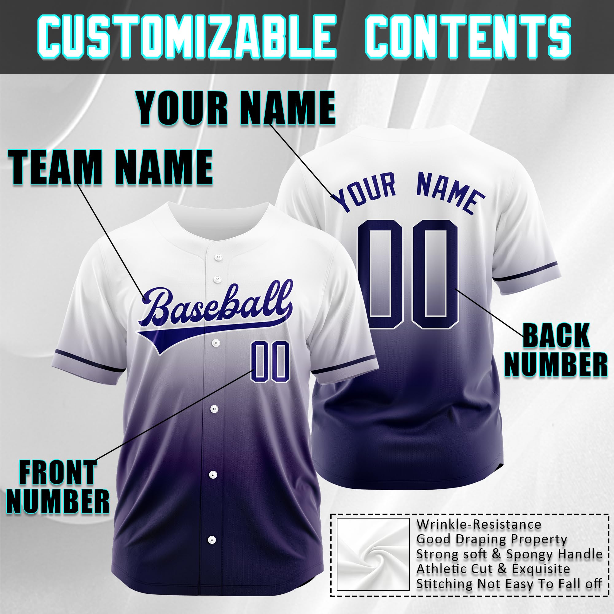 Custom Gradient Baseball Jersey Baseball Shirt Uniform Personalized Printed Stitched Names Numbers Logo for Men Women Boys