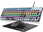 Machine à écrire mécanique jeu clavier et souris, 104-Key Claviers retro de taille complète panneau en métal punk ronde Keycap Clicky Blue Switch avec RGB Souris rétroéclairée et Pad Combo pour PC Ordinateur portable Mac Gamer, Noir