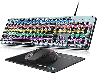 Typewriter Mechanical Gaming Keyboard and Mouse, 104-Key Full Size Retro Keyboards Metal Panel Punk Round Keycap Clicky Blue Switch with RGB Backlit Mouse and Pad Combo for PC Laptop Mac Gamer, Silver product image