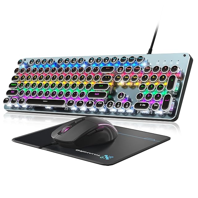 Typewriter Style Mechanical Gaming Keyboard Blue Switch Rainbow LED Backlit Wired Computer Keyboards Mouse and Pad Combo Metal